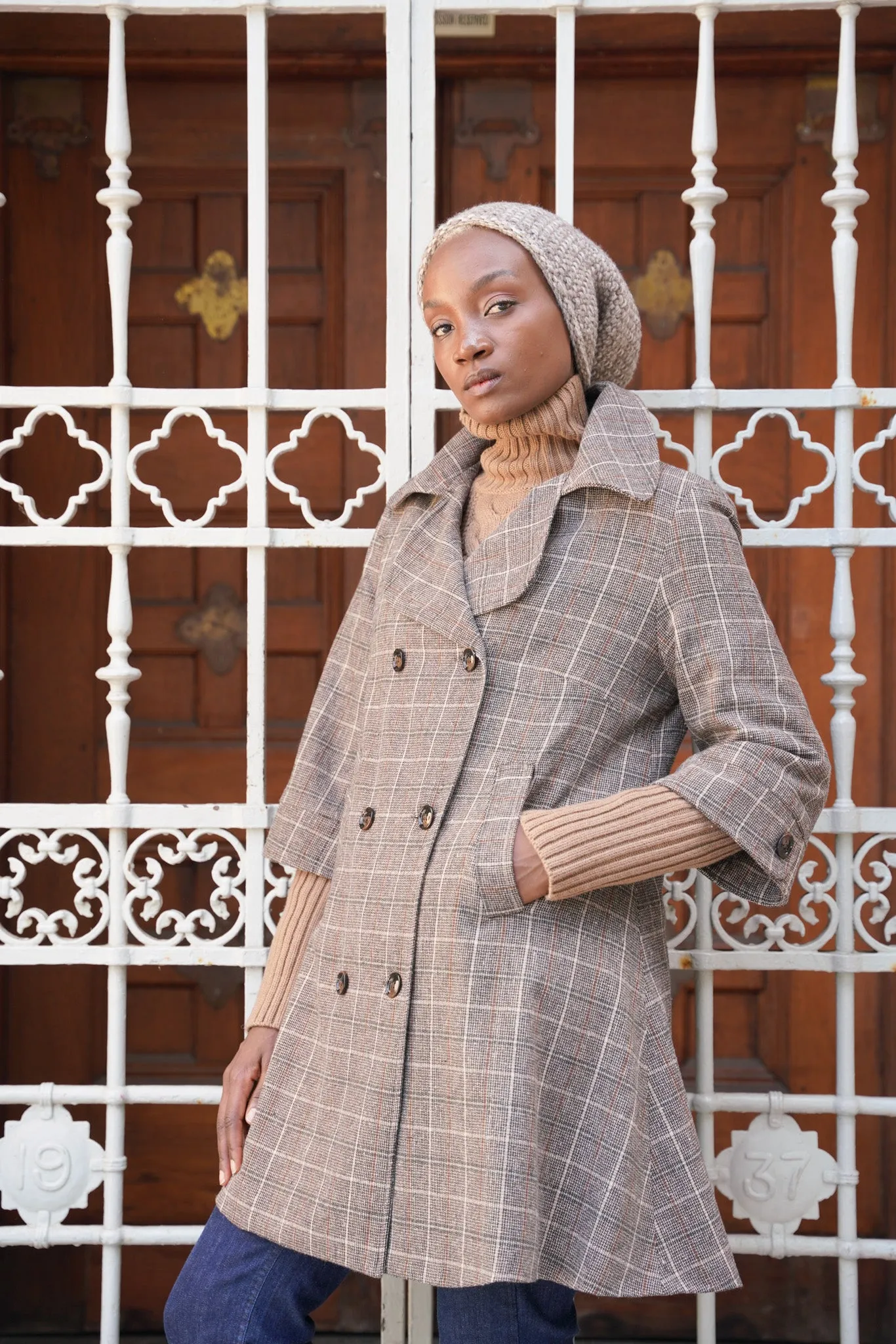 Brown Check A Line Coat