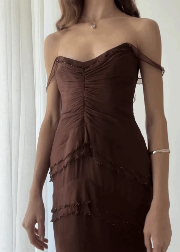 Brown Spaghetti Straps Layered Elegant Midi Party Dress, DP2717