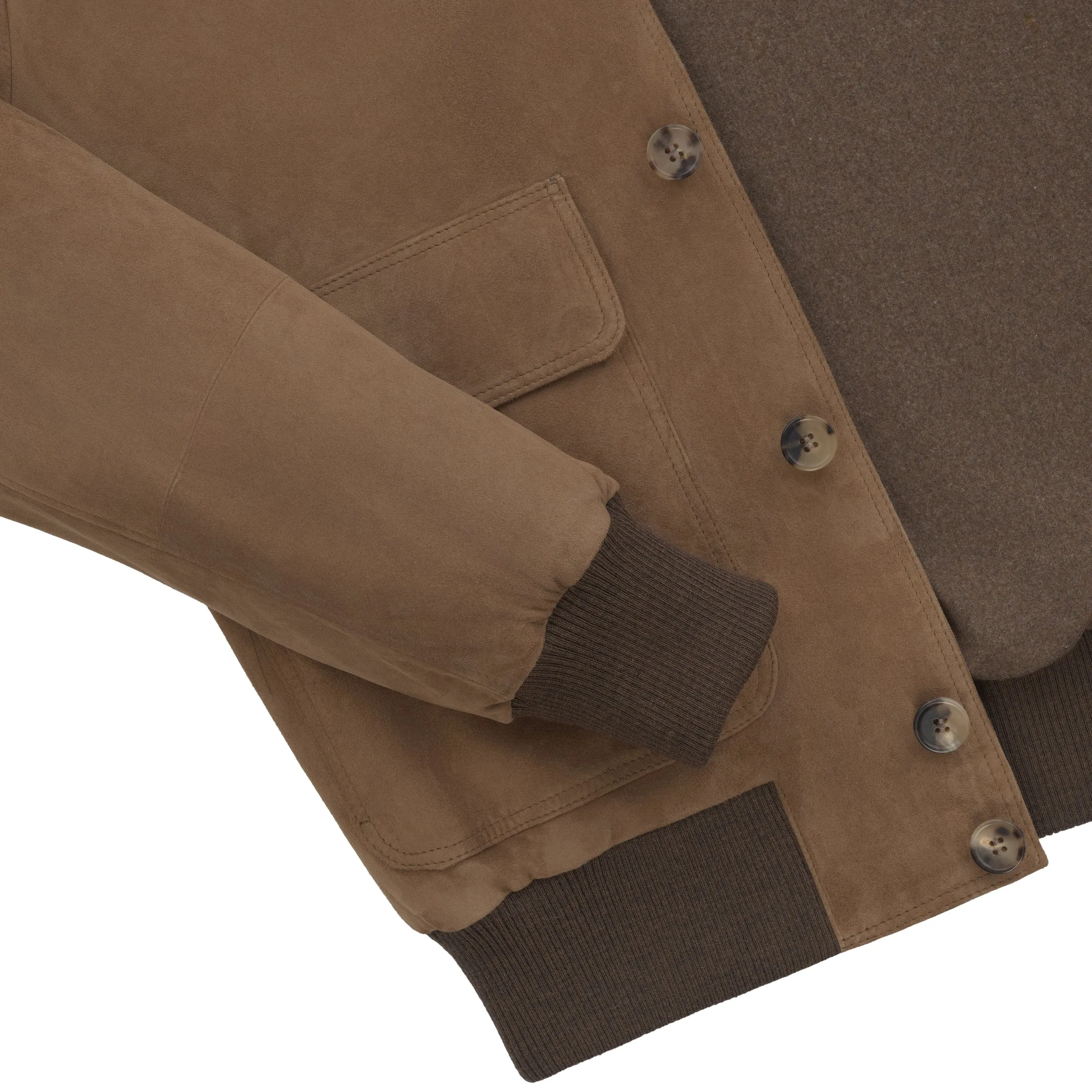 Button-Up Suede Bomber Jacket in Medium Brown