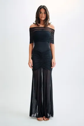 Caspian Slinky And Mesh Off Shoulder Maxi Dress - Black