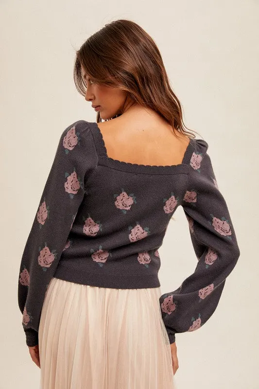 Charcoal Floral Sweater Top