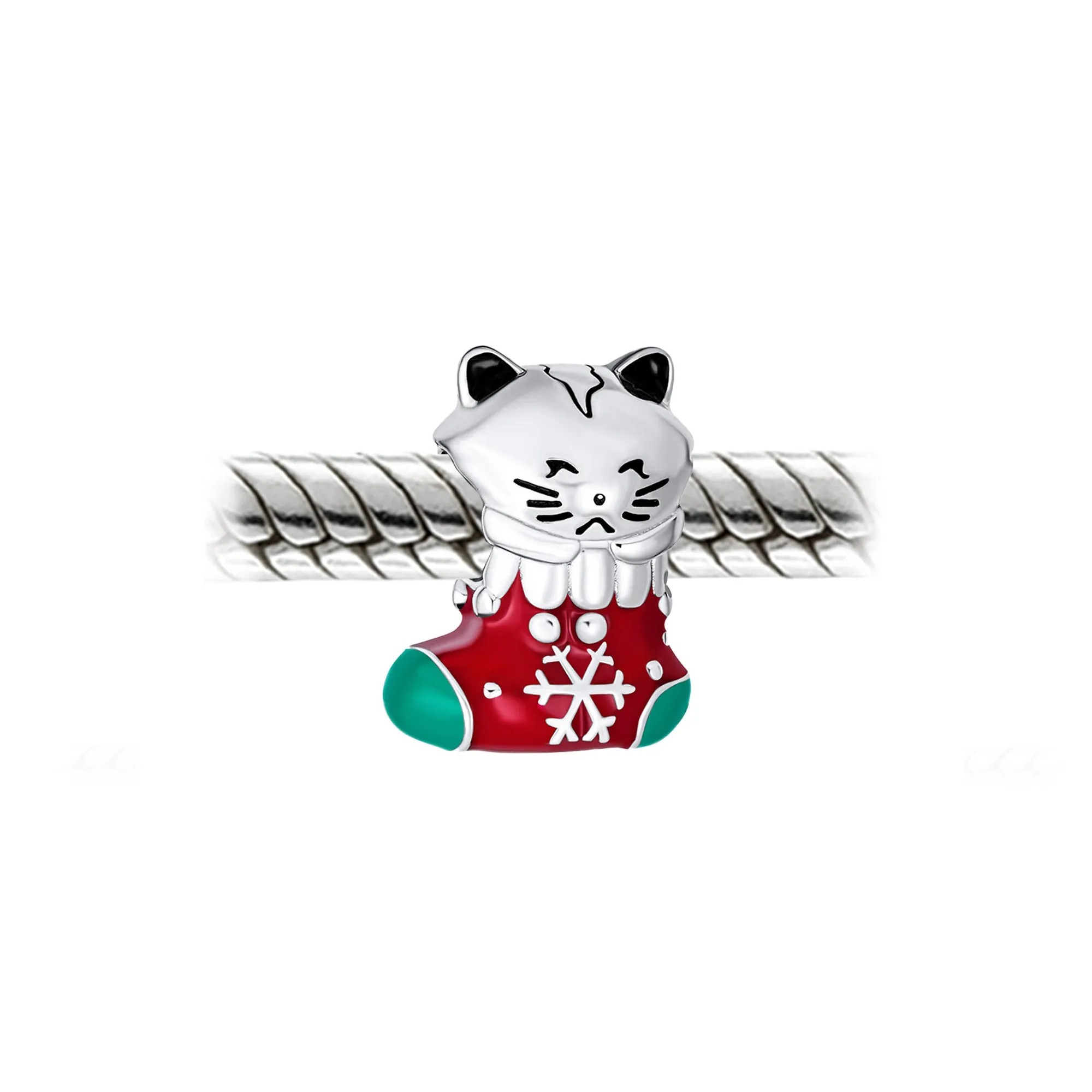 Christmas Set of 3 Animal Pet Cat in Stocking Snowflake Candy Cane Charm Bead