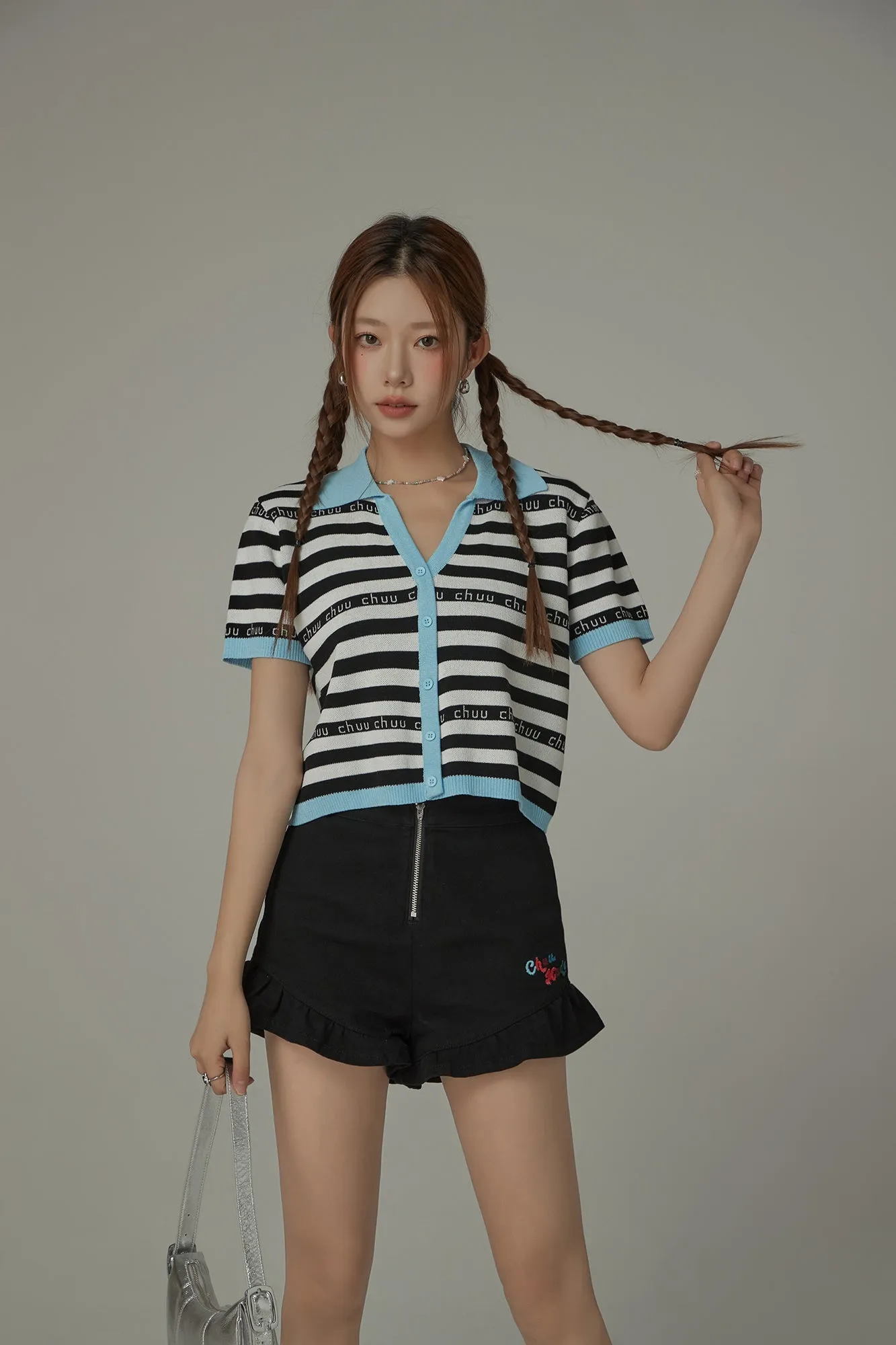 Chuu Lettering Striped Contrasting Color Knitted Sweater