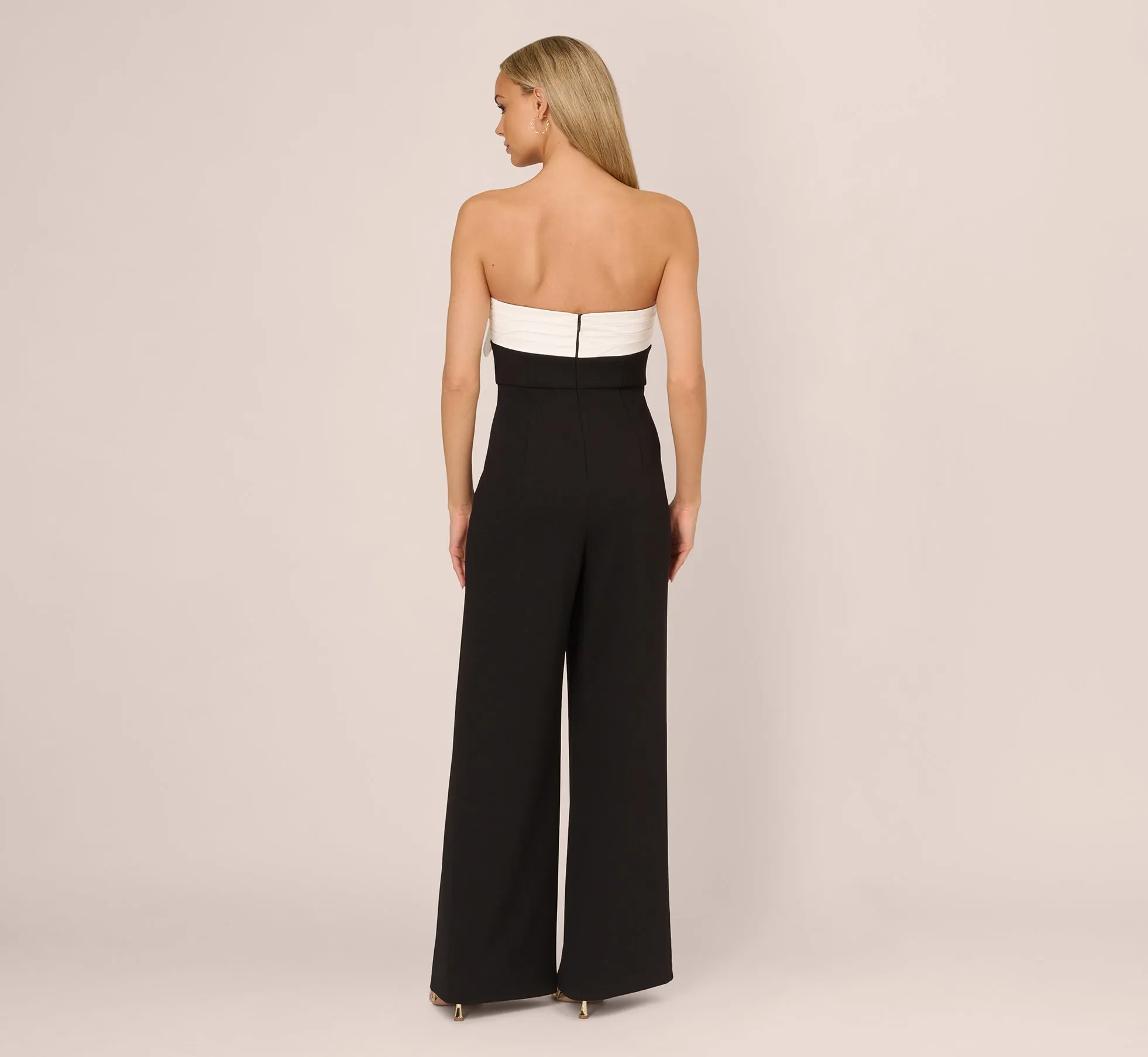 Colorblock Crepe Strapless Jumpsuit With Bow Accent In Black White