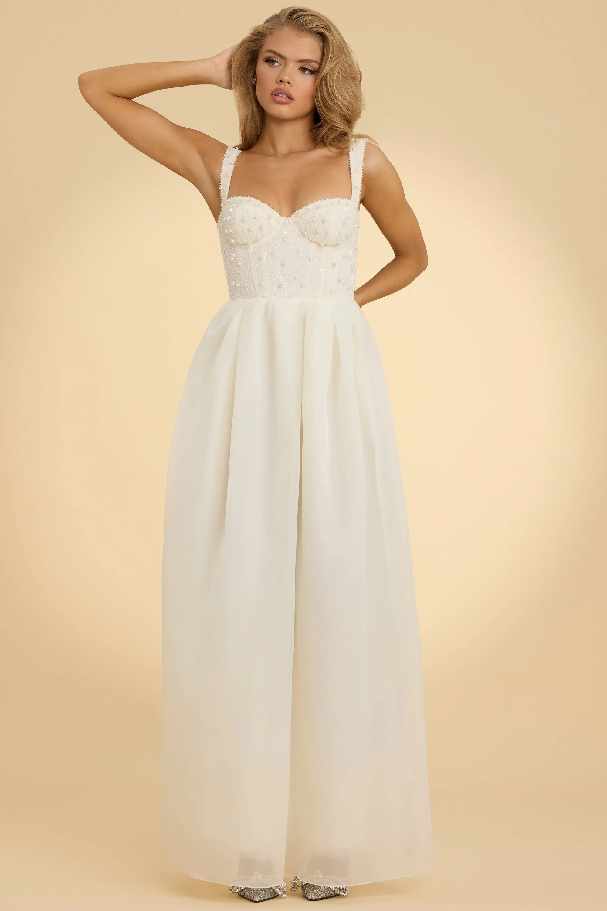 Corset Organza Maxi Dress in White