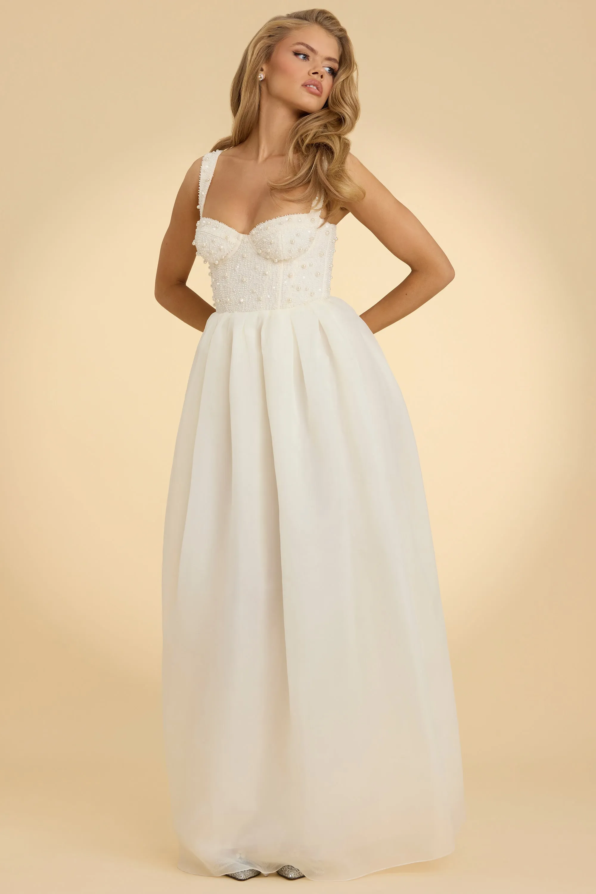 Corset Organza Maxi Dress in White