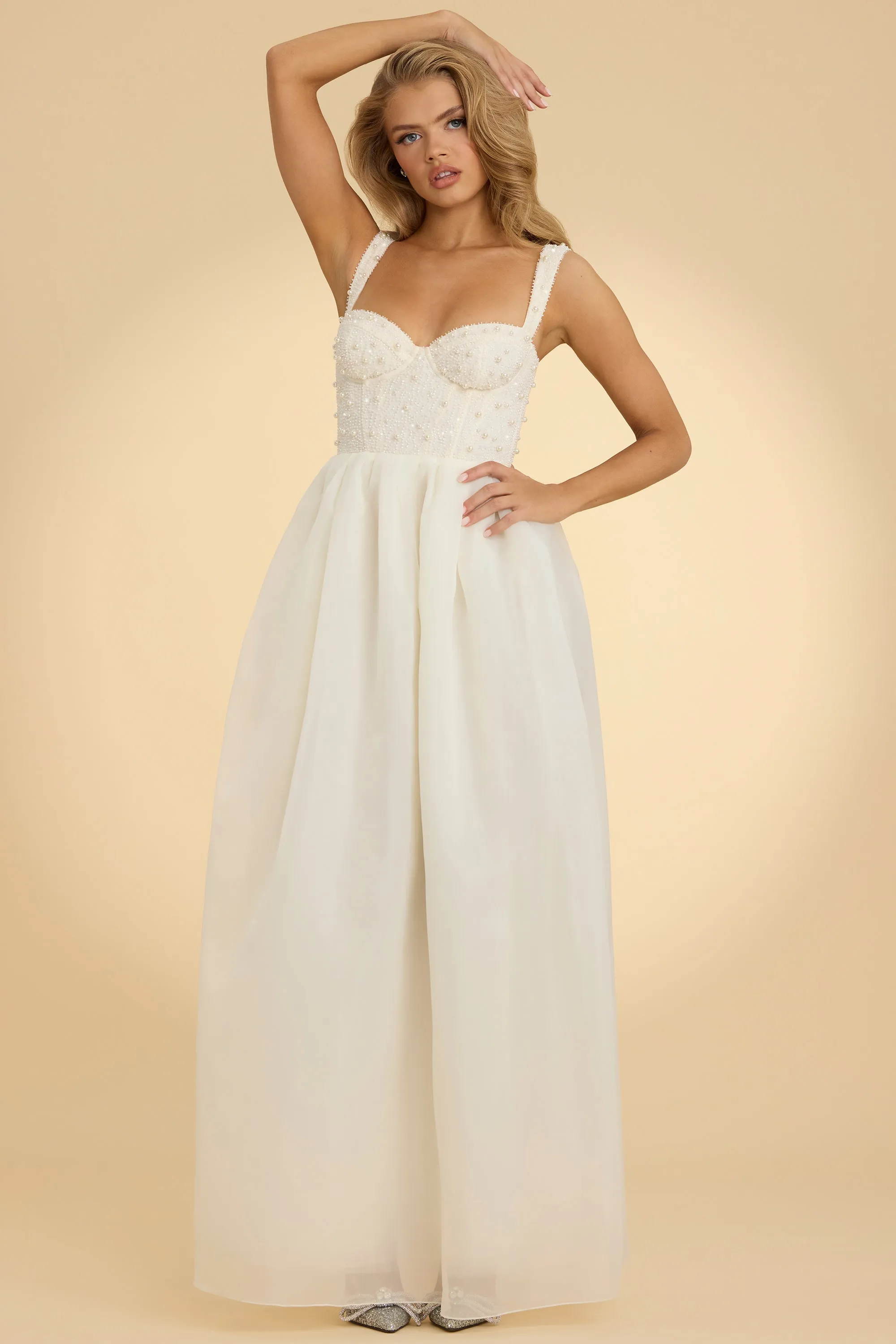 Corset Organza Maxi Dress in White