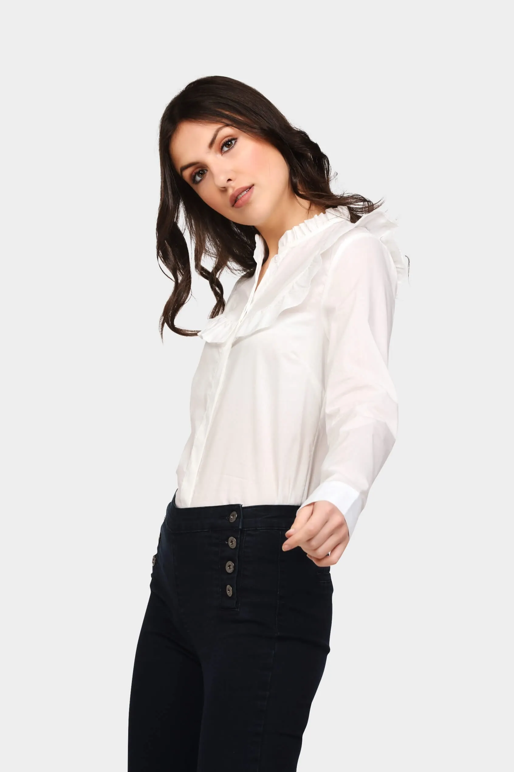 Cream Bib Front Frill Shirt