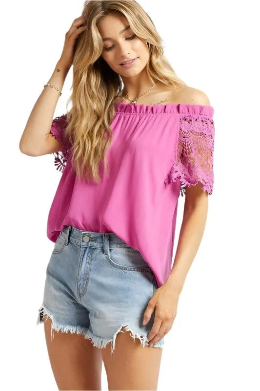 Crochet Lace Sleeveless Accent Off Shoulder Top