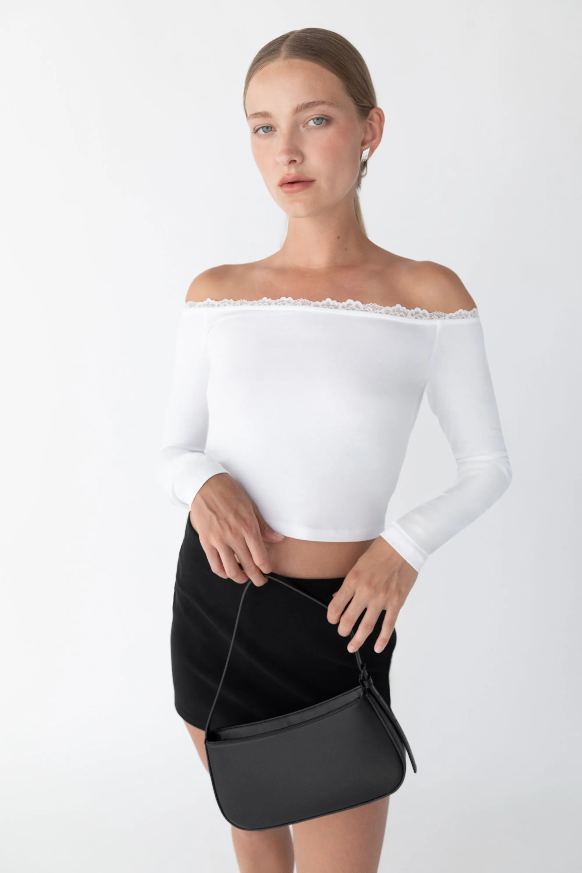 CROPPED OFF THE SHOULDER TOP WITH LACE TRIM