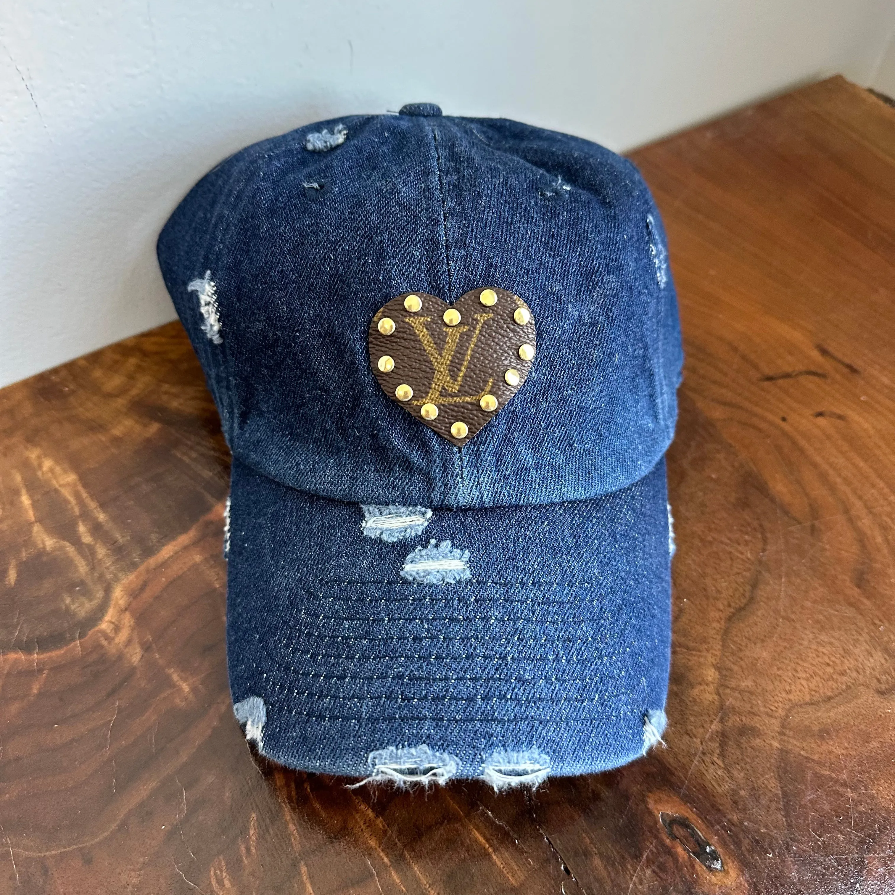 Dark Denim Distressed Hat - with Upcycled LV Patch