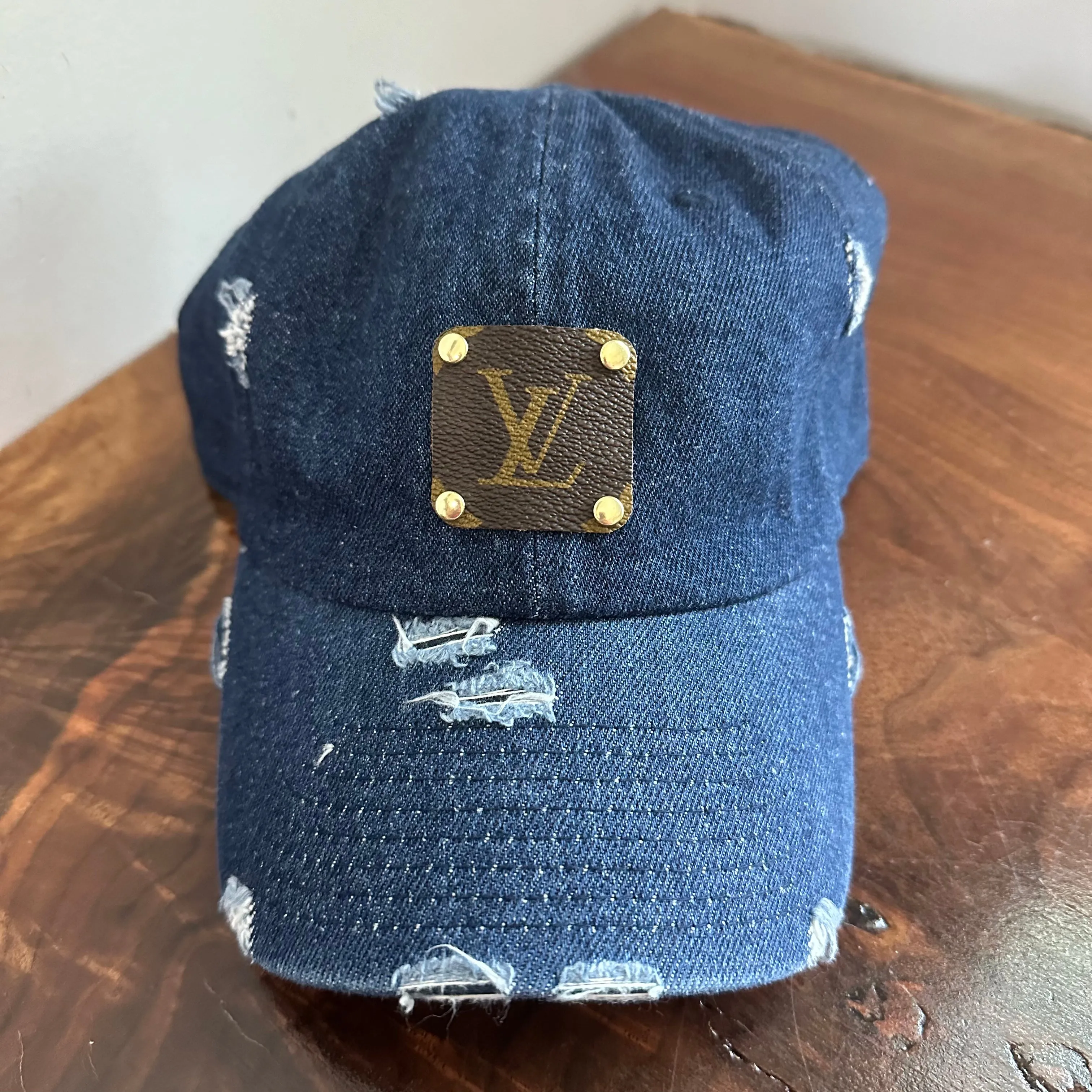 Dark Denim Distressed Hat - with Upcycled LV Patch