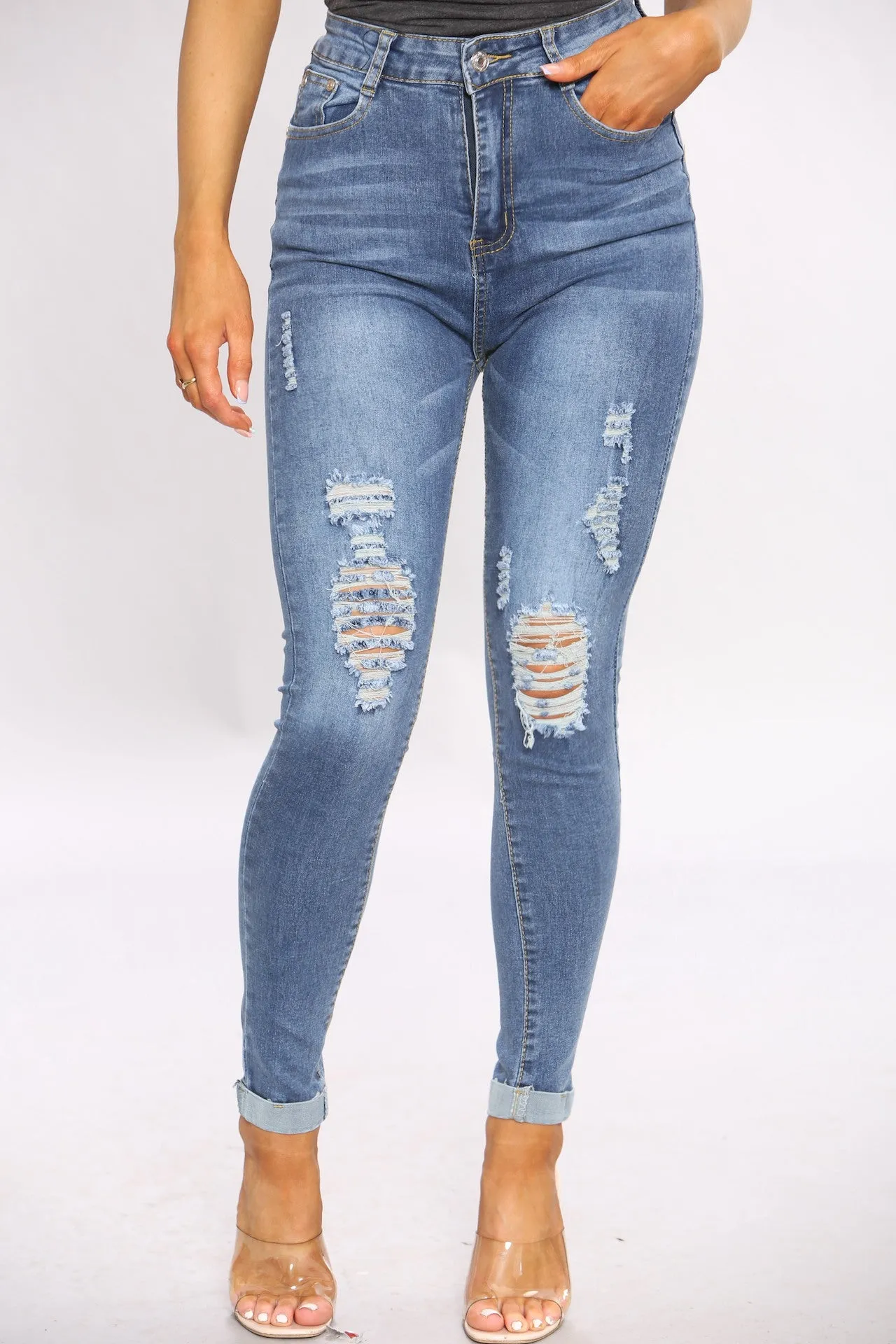 Denim Distressed Blue Wash Skinny Fit Jeans