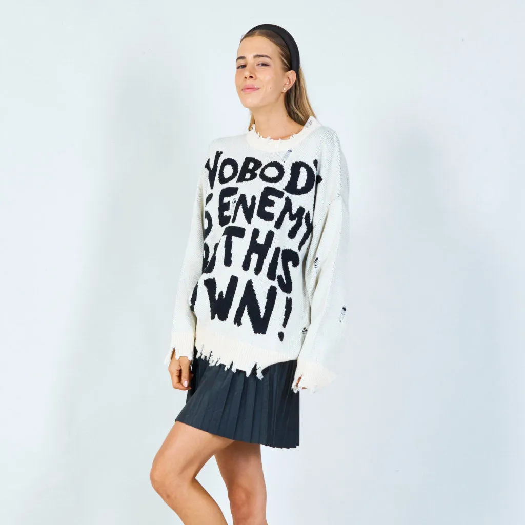 Distressed graphic slogan sweater wholesale