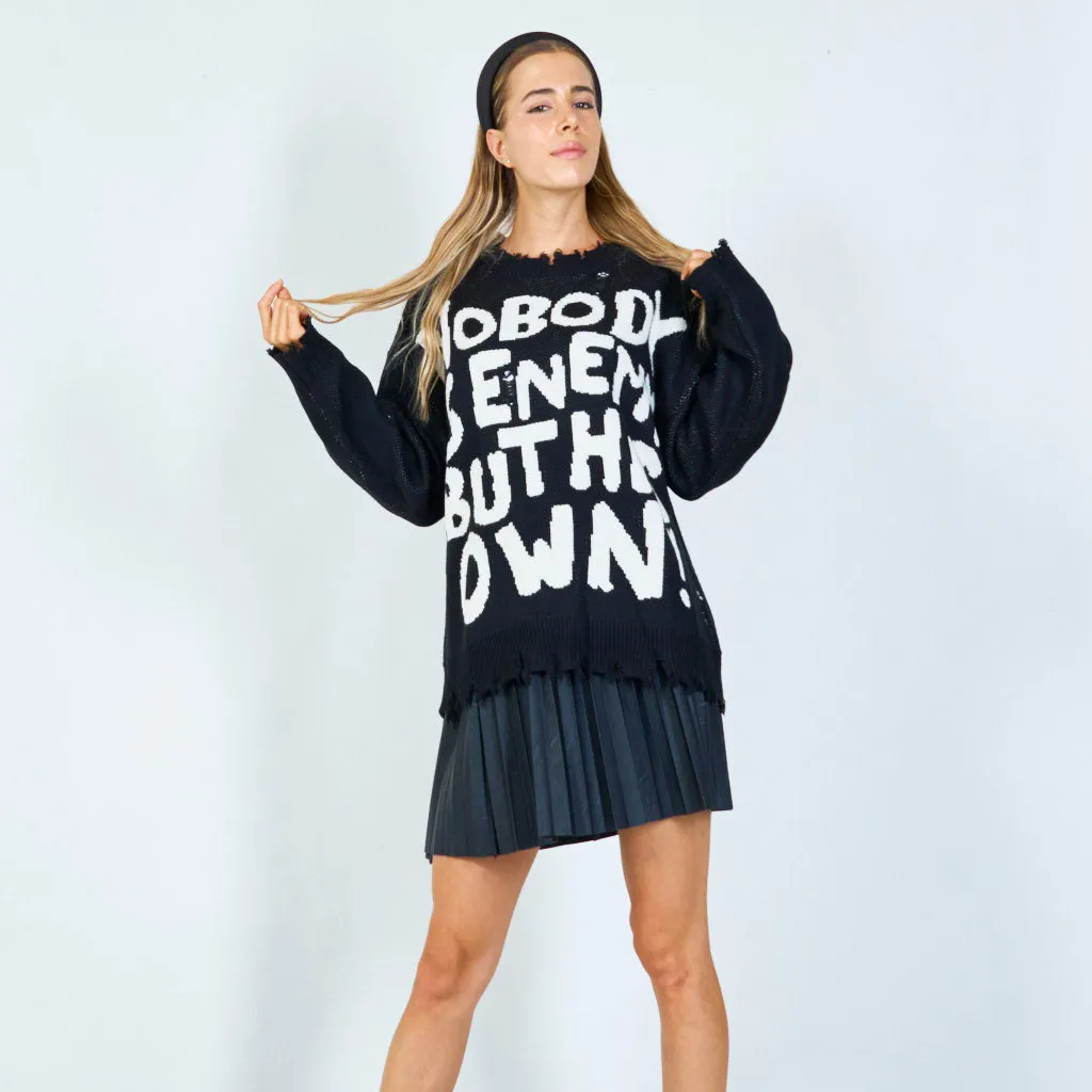 Distressed graphic slogan sweater wholesale