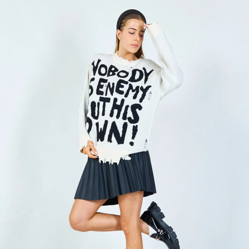 Distressed graphic slogan sweater wholesale