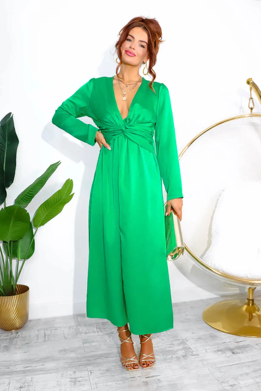 Dont Twist My Words - Green Satin Midi Dress