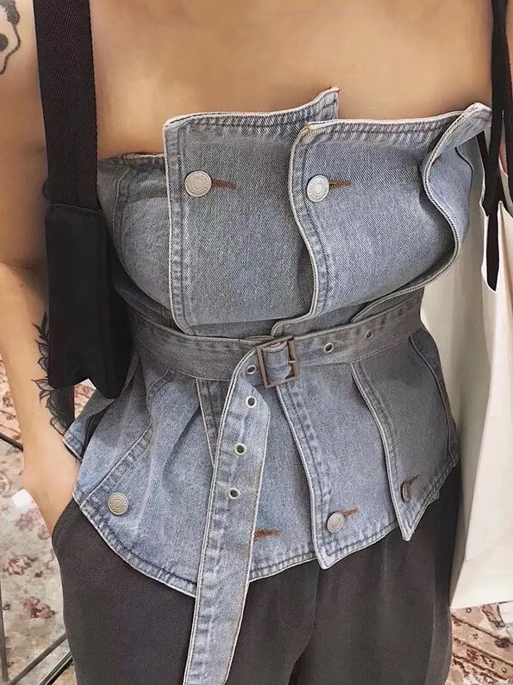 Double Breasted Patched Denim Corset