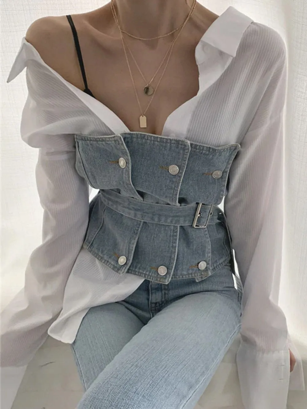 Double Breasted Patched Denim Corset