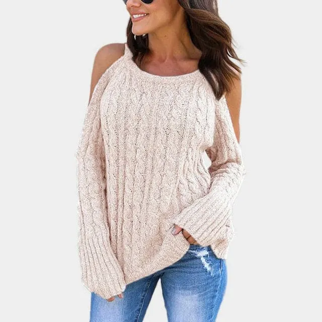 DressBetty - New Knit Sweater Round Neck Long Sleeve Strapless Twist Sweater