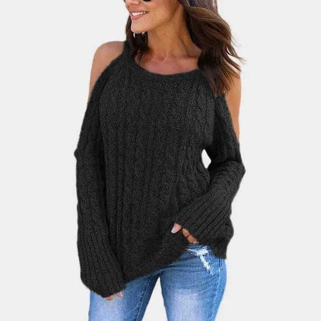 DressBetty - New Knit Sweater Round Neck Long Sleeve Strapless Twist Sweater