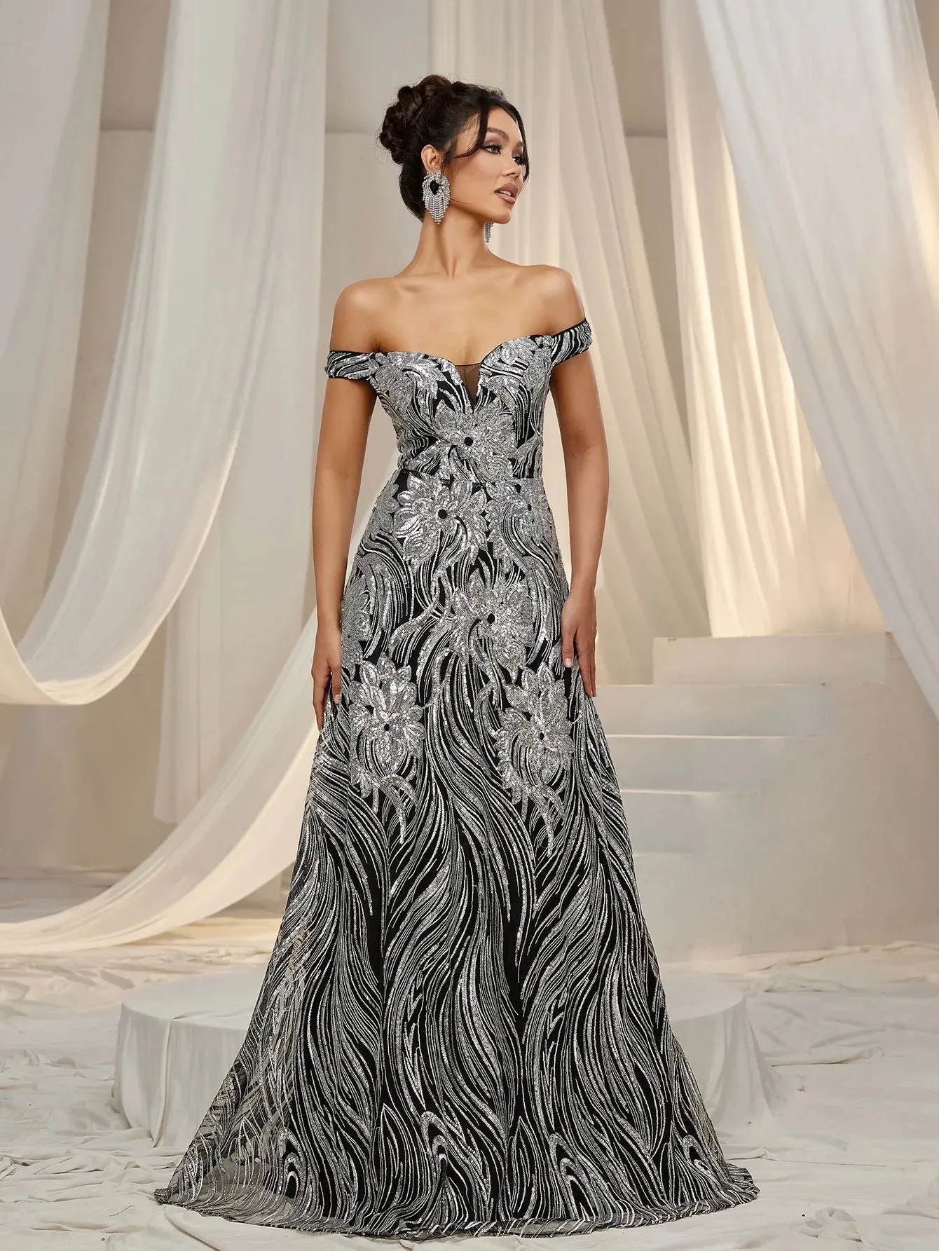 Elegant Off Shoulder Graphic Sequin Formal Prom Dress