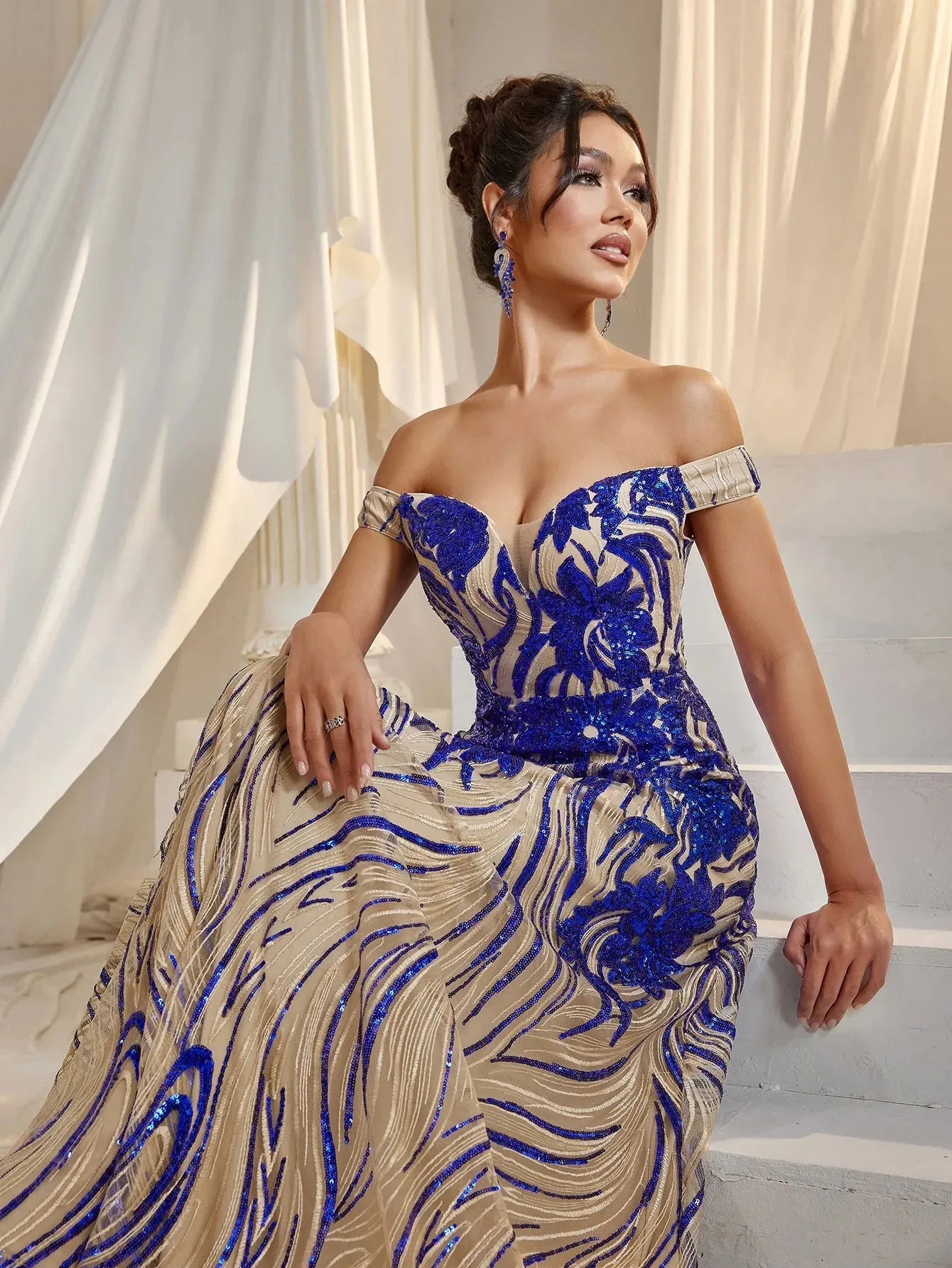 Elegant Off Shoulder Graphic Sequin Formal Prom Dress