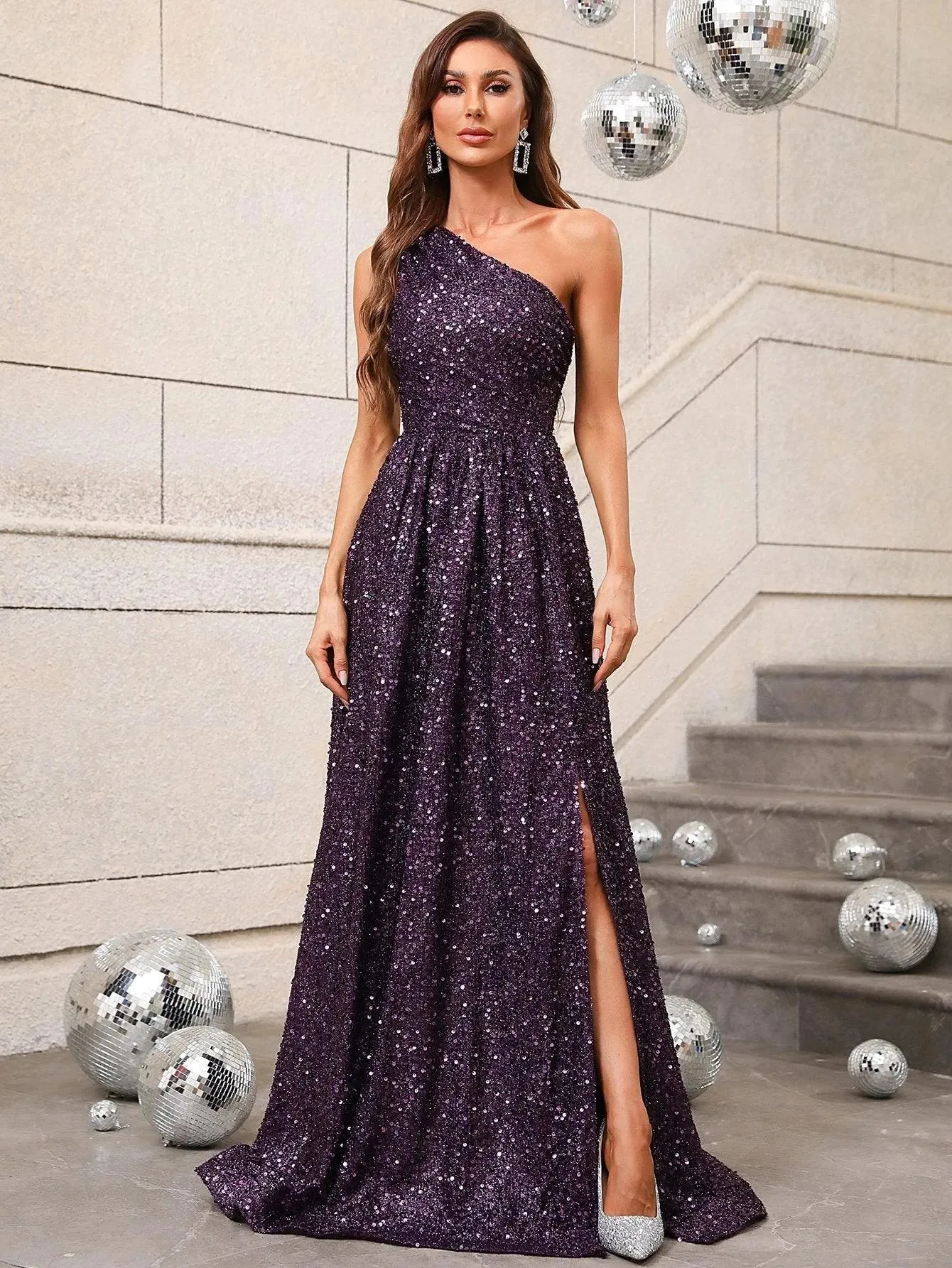 Elegant One Shoulder Sleeveless Sequin A Line Dresses