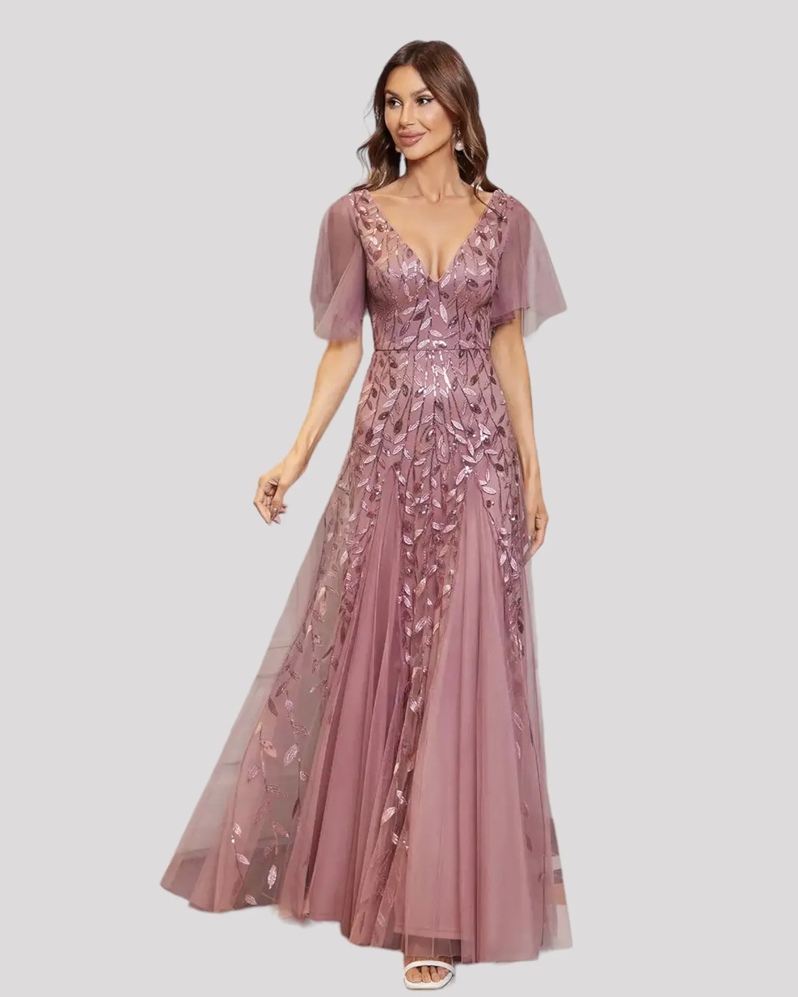 Elegant Sequin Detailed Evening Dress with Floating Sleeves and Floating Skirt Inserts Available in 7 colours