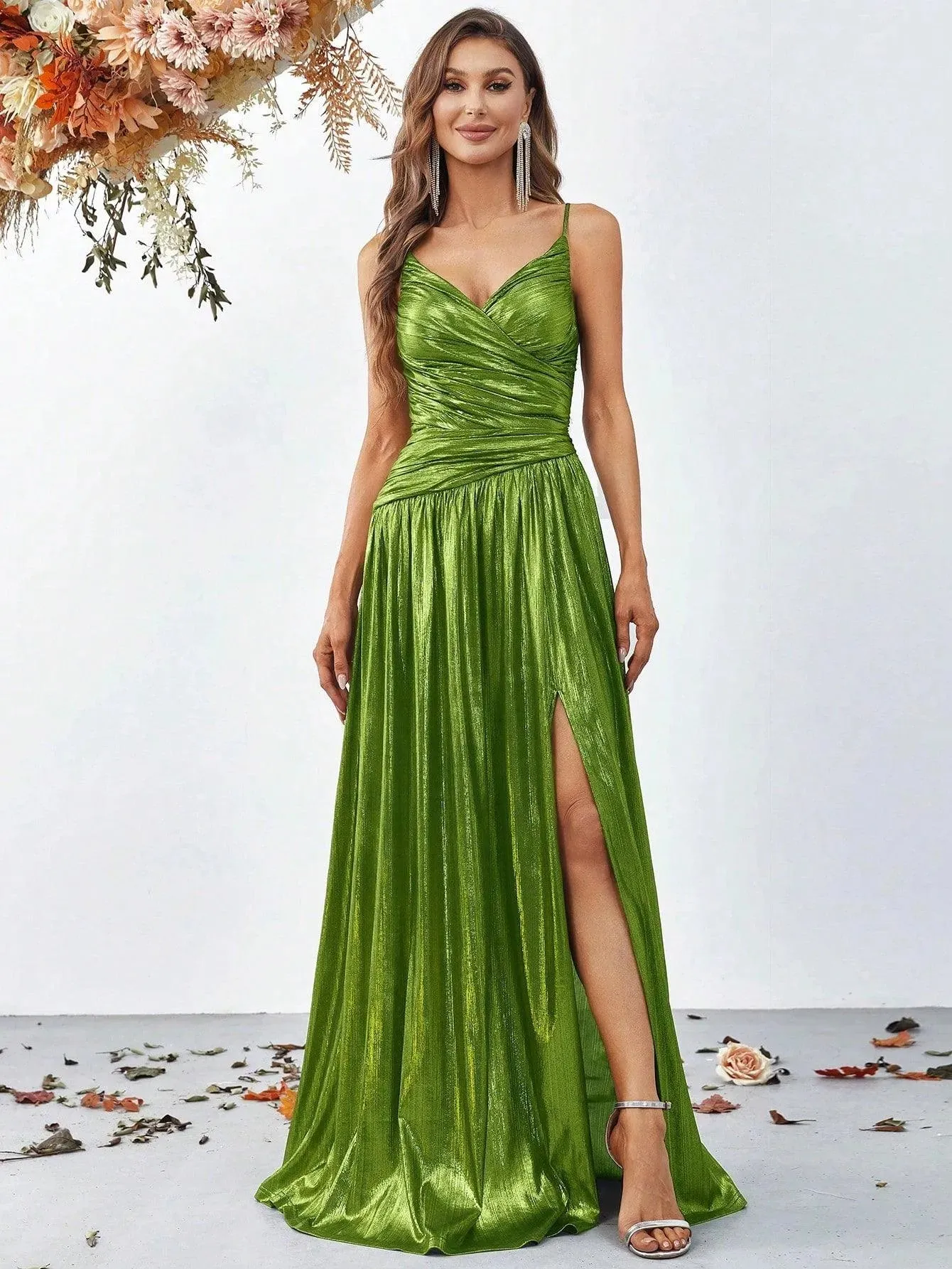 Elegant Spaghetti Strap Metallic A Line Prom Dress