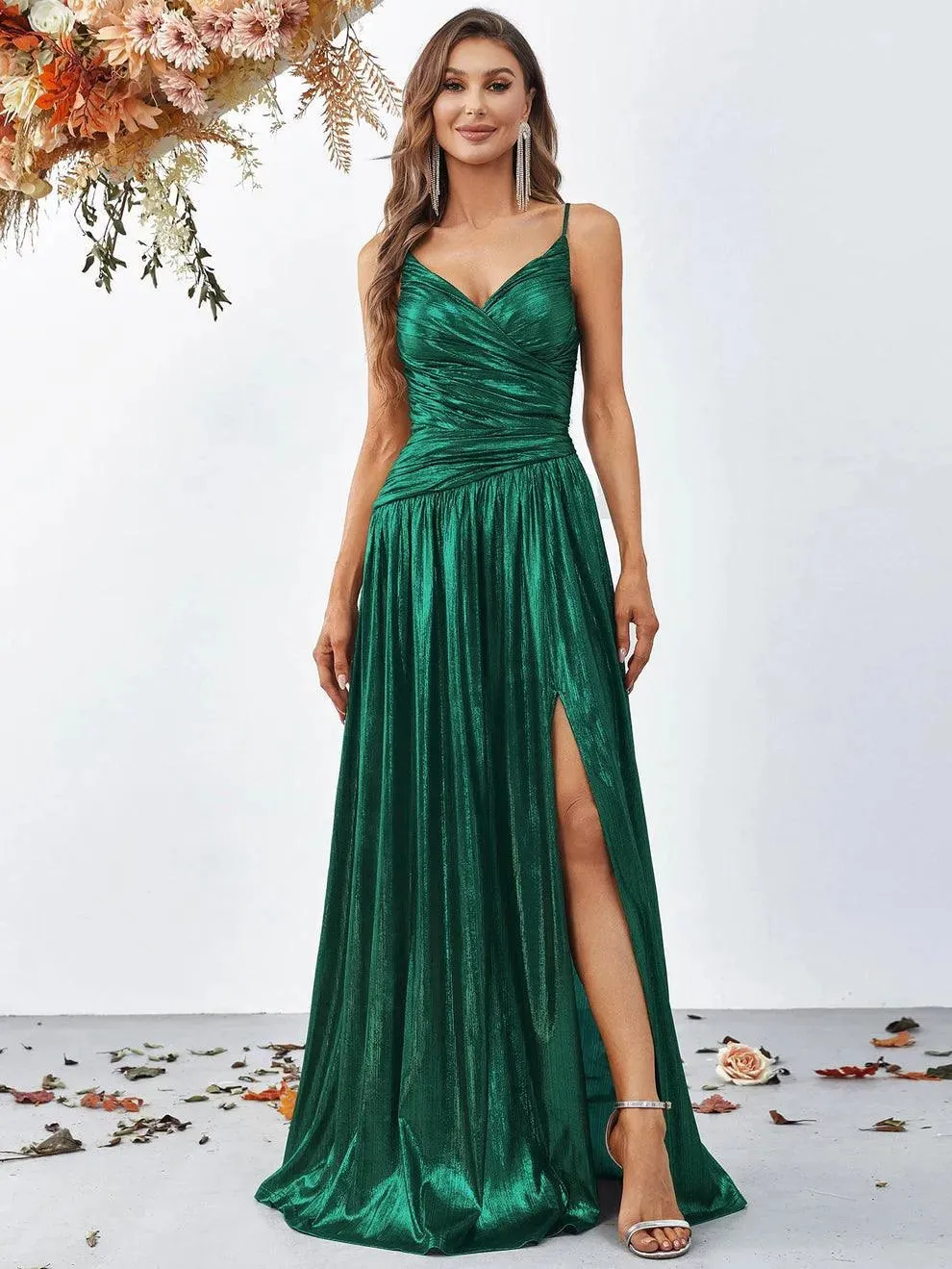 Elegant Spaghetti Strap Metallic A Line Prom Dress