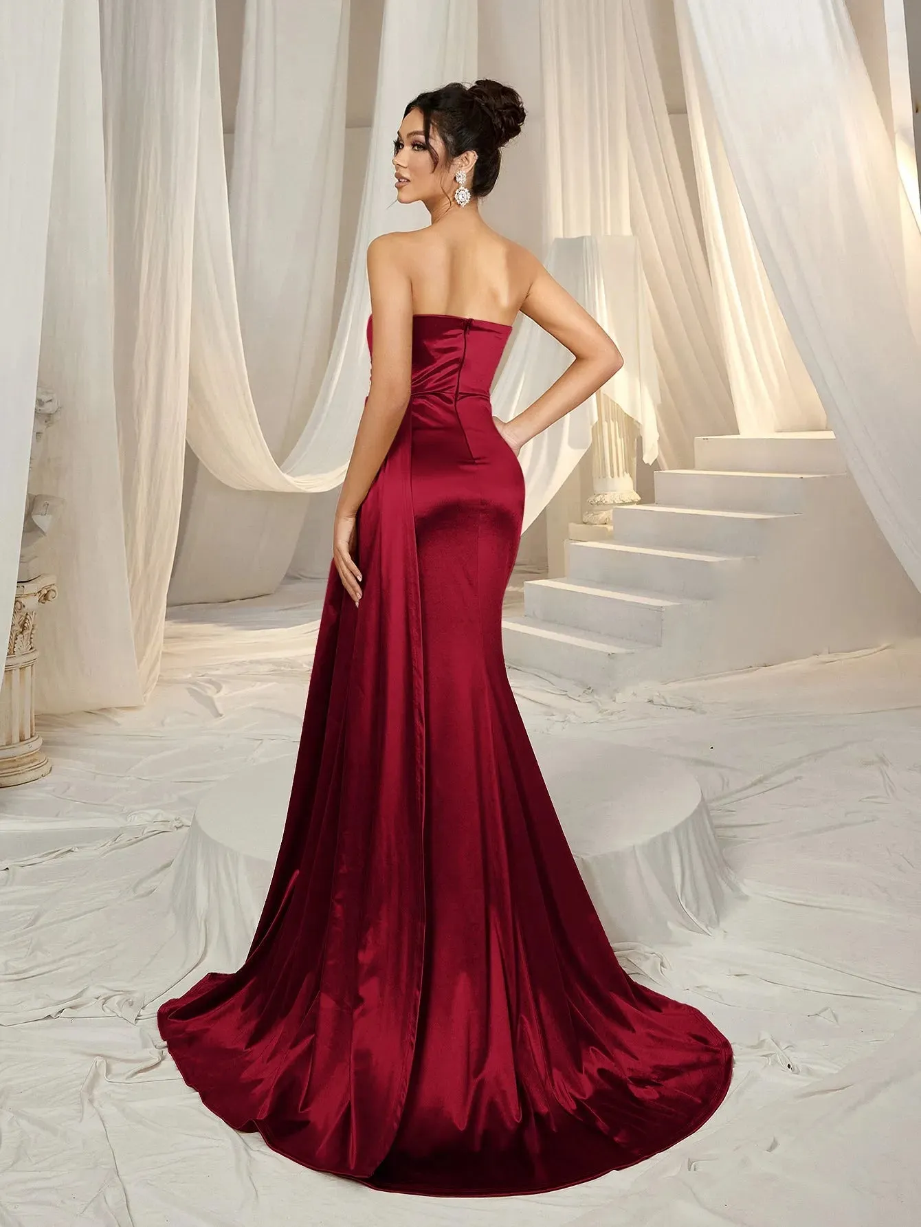 Elegant Strapless Split Thigh Mermaid Hem Formal Party Dress