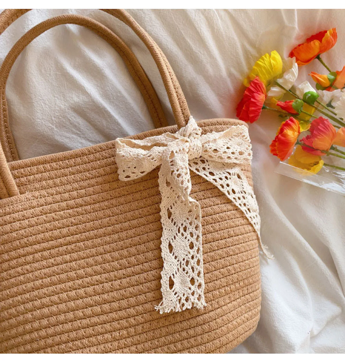 Elena Handbags Woven Cotton Basket Bag