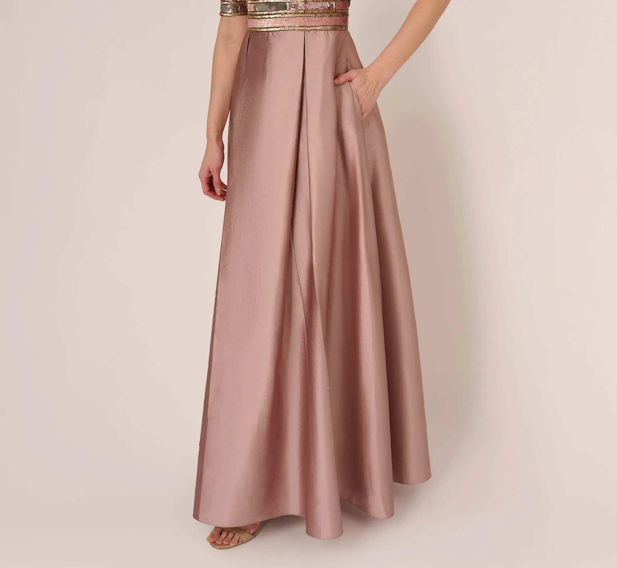 Embellished Taffeta Gown With Sheer Elbow Length Sleeves In Stone