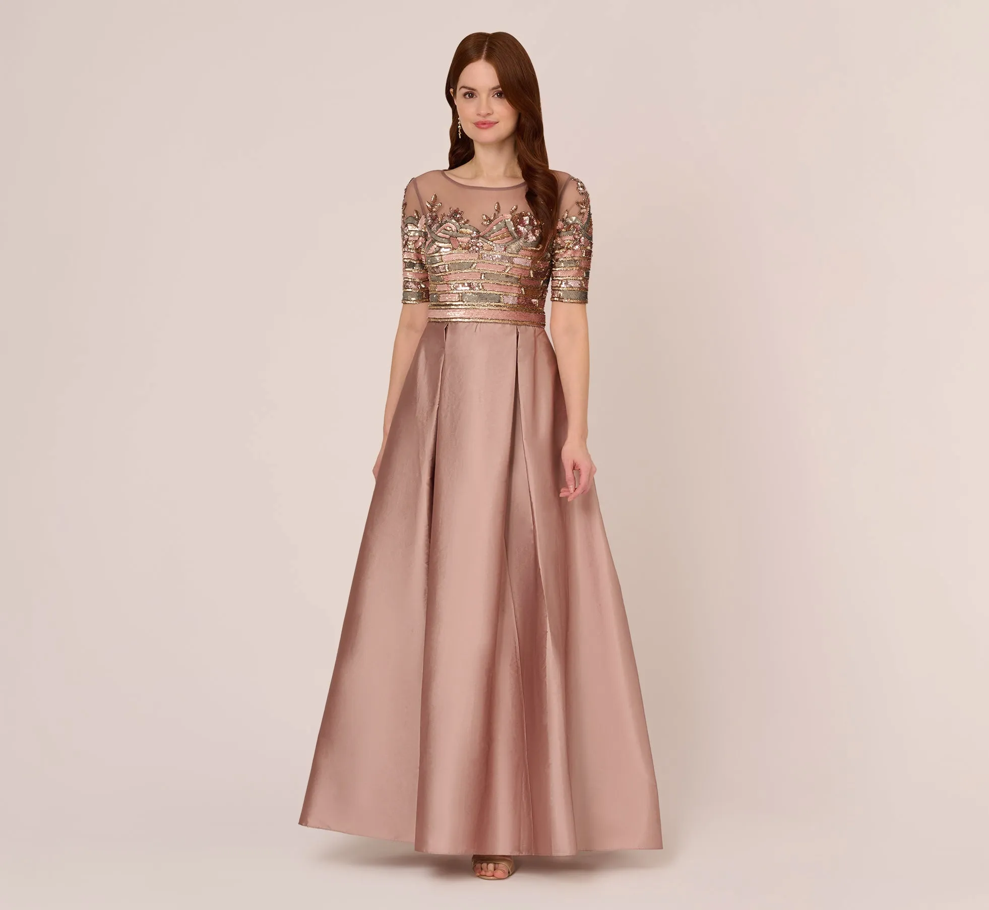 Embellished Taffeta Gown With Sheer Elbow Length Sleeves In Stone