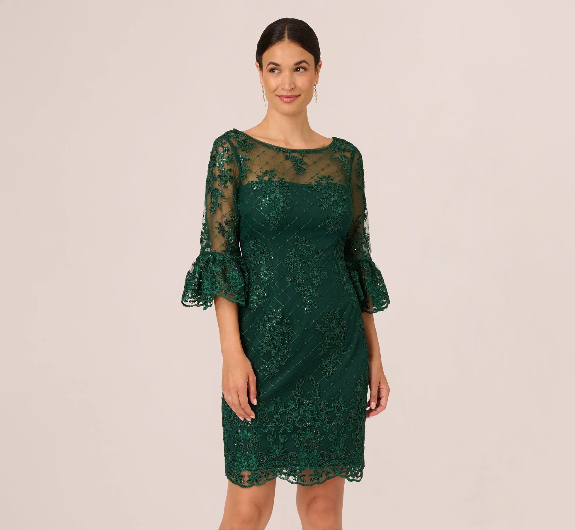 Embroidered Sequin Dress With Sheer Bell Sleeves In Deep Forest