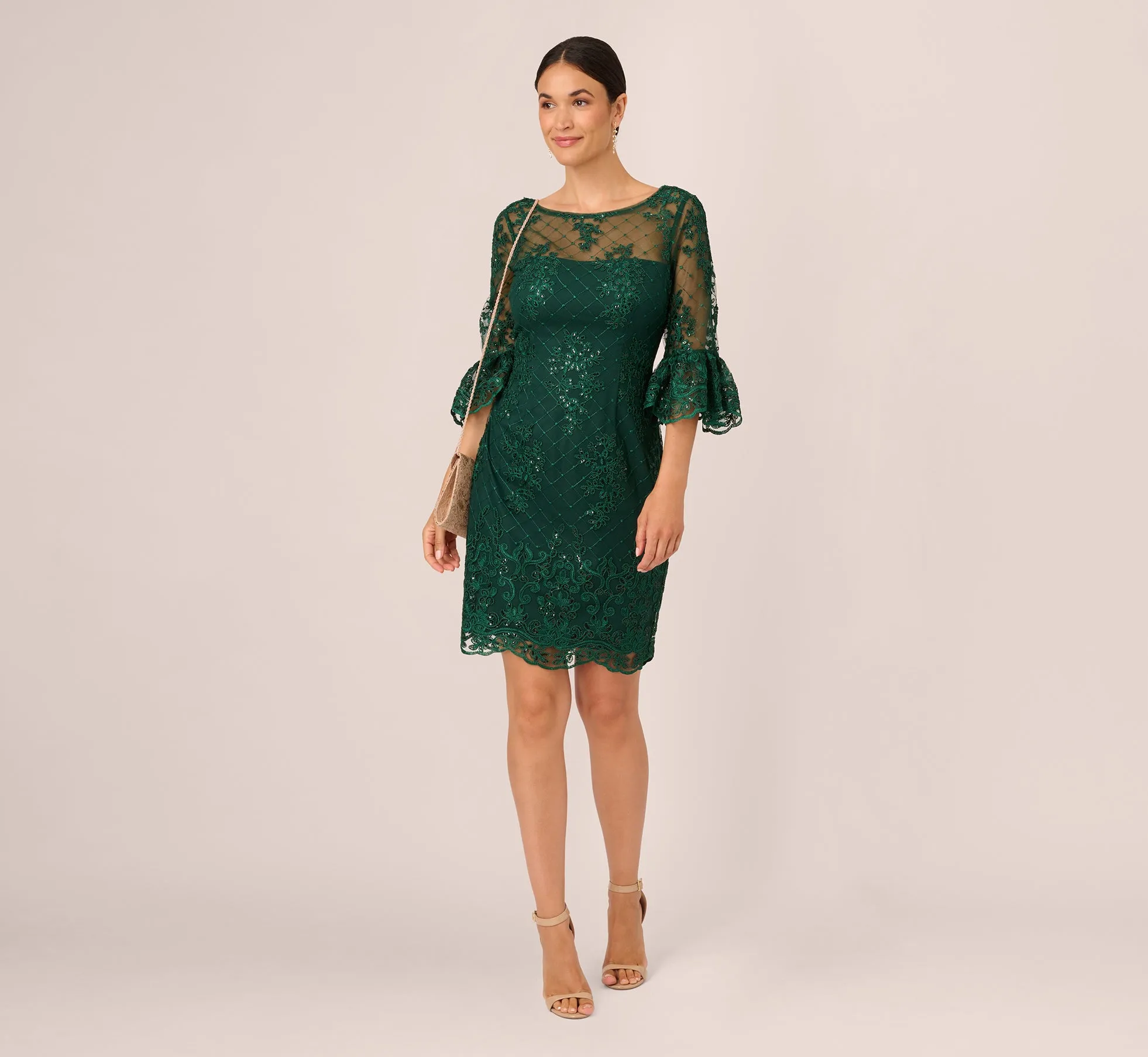 Embroidered Sequin Dress With Sheer Bell Sleeves In Deep Forest