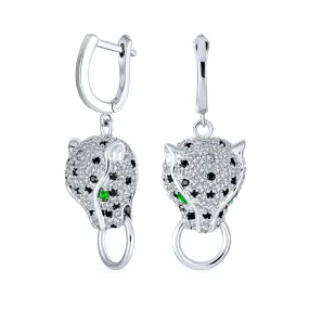 Estate Style Jewelry Black Panther Cat Green Eye CZ Earring Pendant