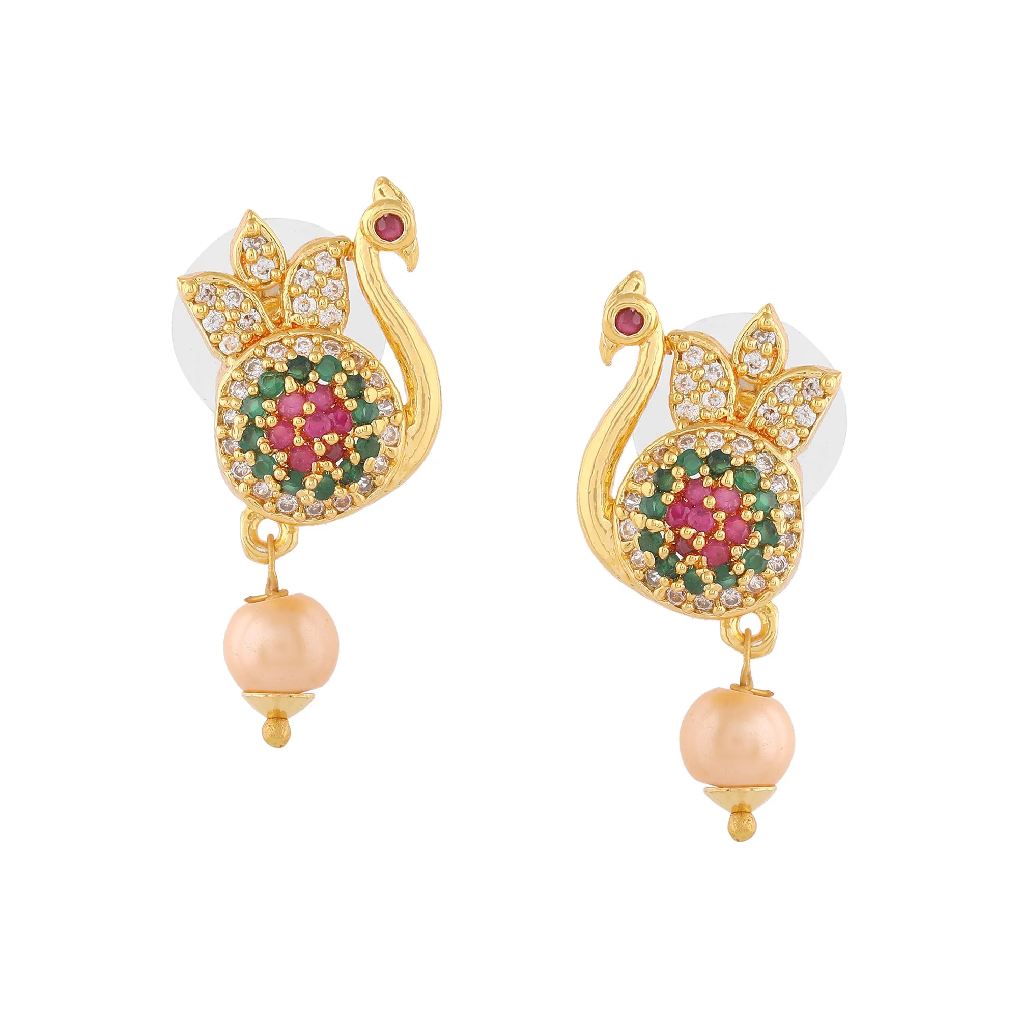 Estele Gold Plated CZ Beautiful Peacock Designer Earrings with Pearl for Women