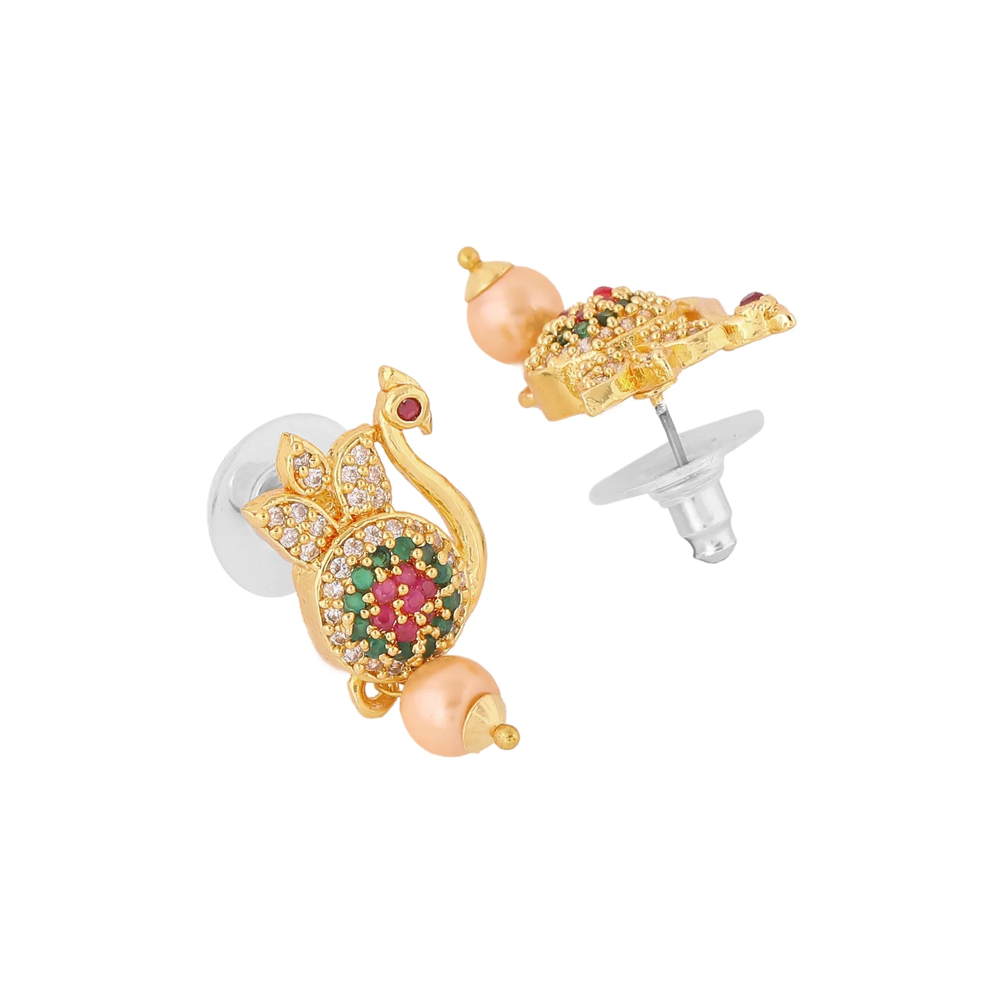 Estele Gold Plated CZ Beautiful Peacock Designer Earrings with Pearl for Women