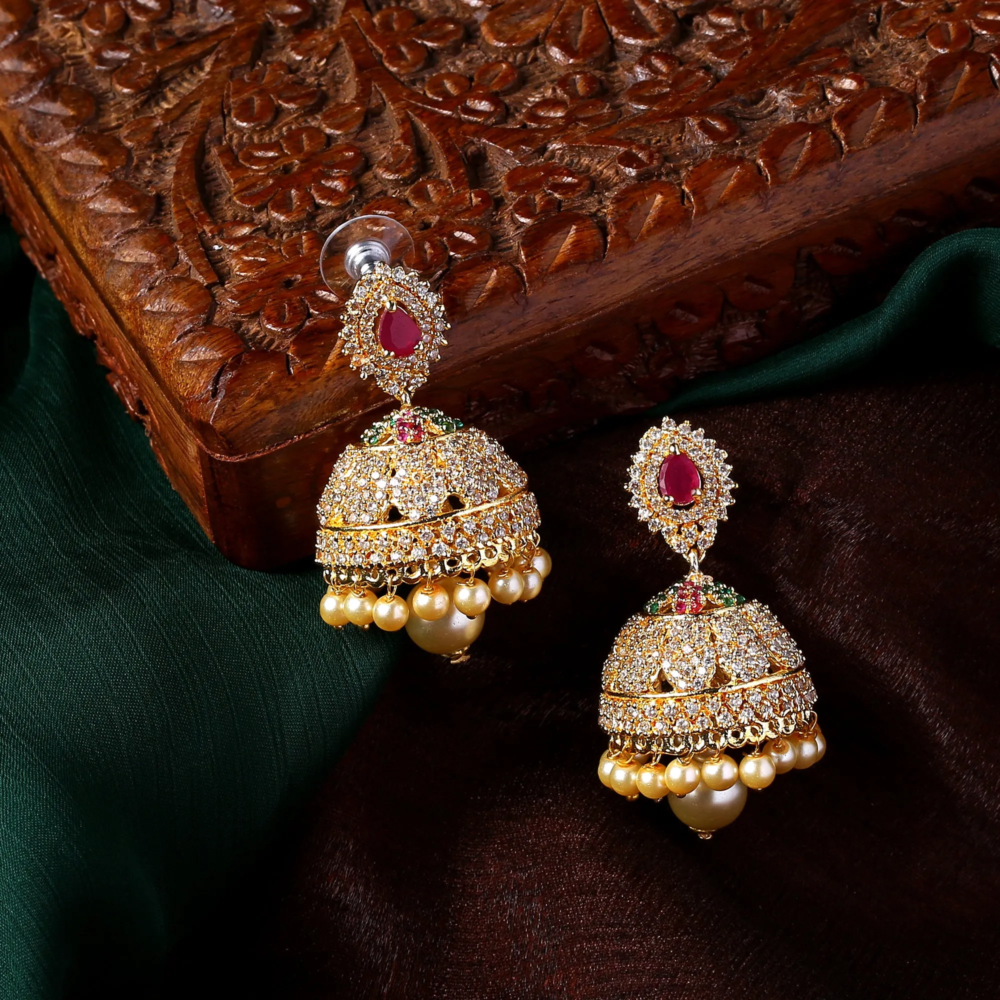 Estele Gold Plated CZ Enchanting Designer Jhumka Earrings with Pearls for Women