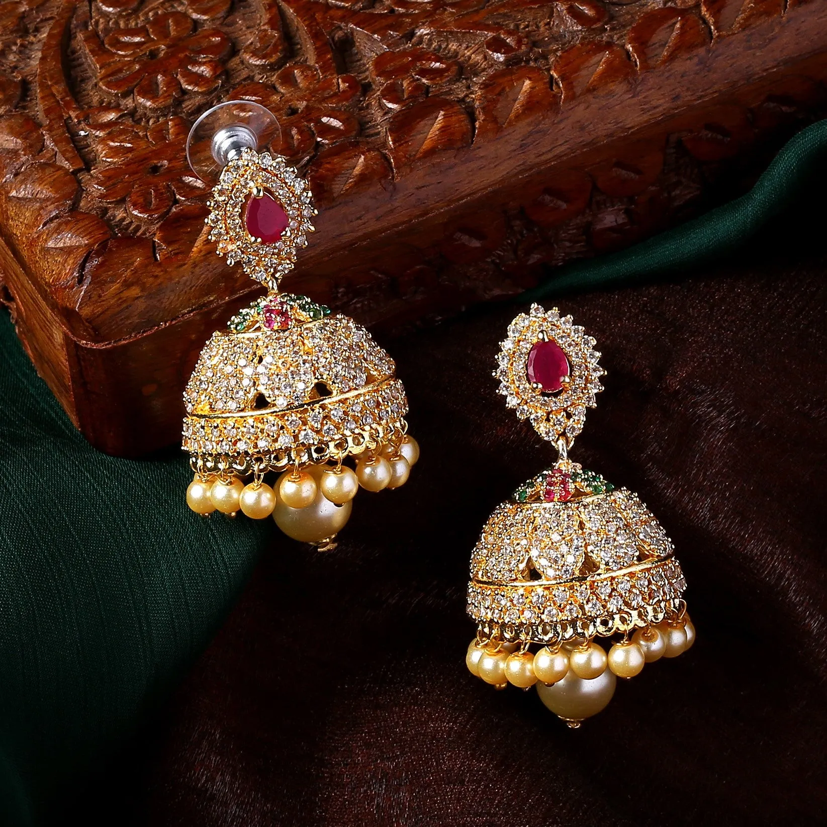 Estele Gold Plated CZ Enchanting Designer Jhumka Earrings with Pearls for Women