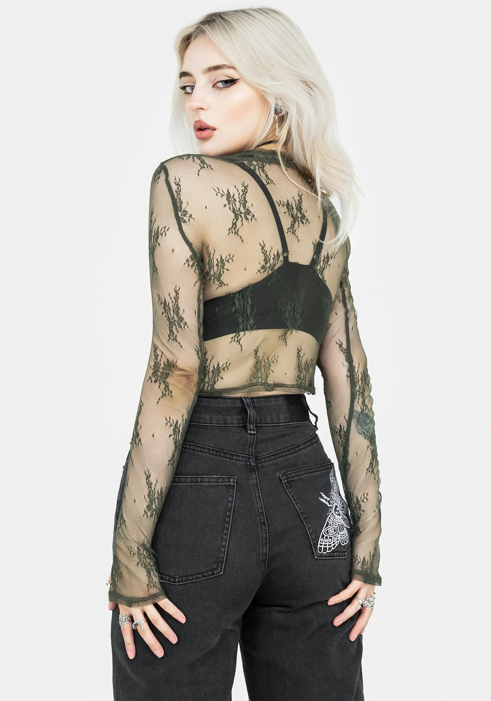 Eternal Lace Long Sleeve Crop Top - Green