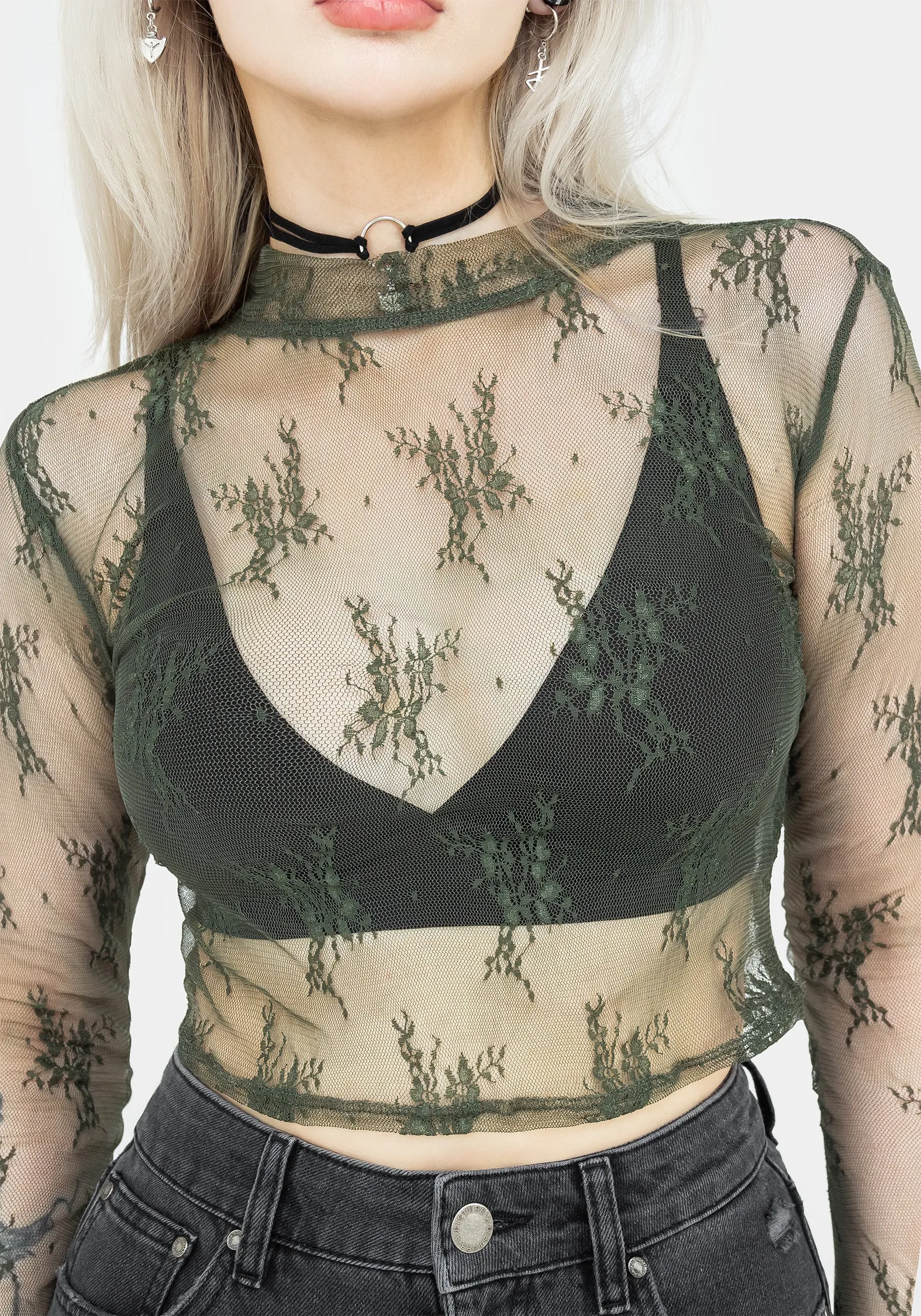 Eternal Lace Long Sleeve Crop Top - Green