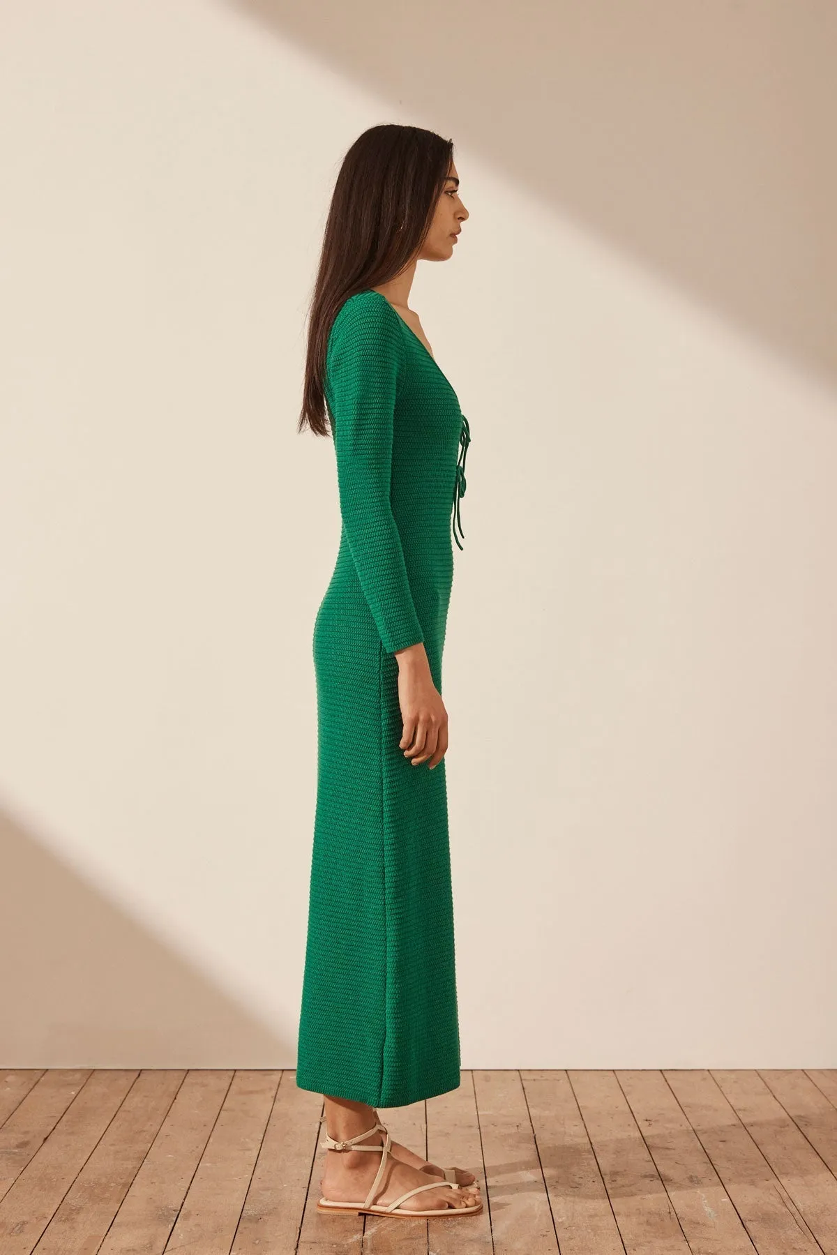 EVE LONG SLEEVE KEYHOLE MIDI DRESS - TREE GREEN