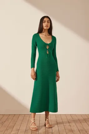 EVE LONG SLEEVE KEYHOLE MIDI DRESS - TREE GREEN