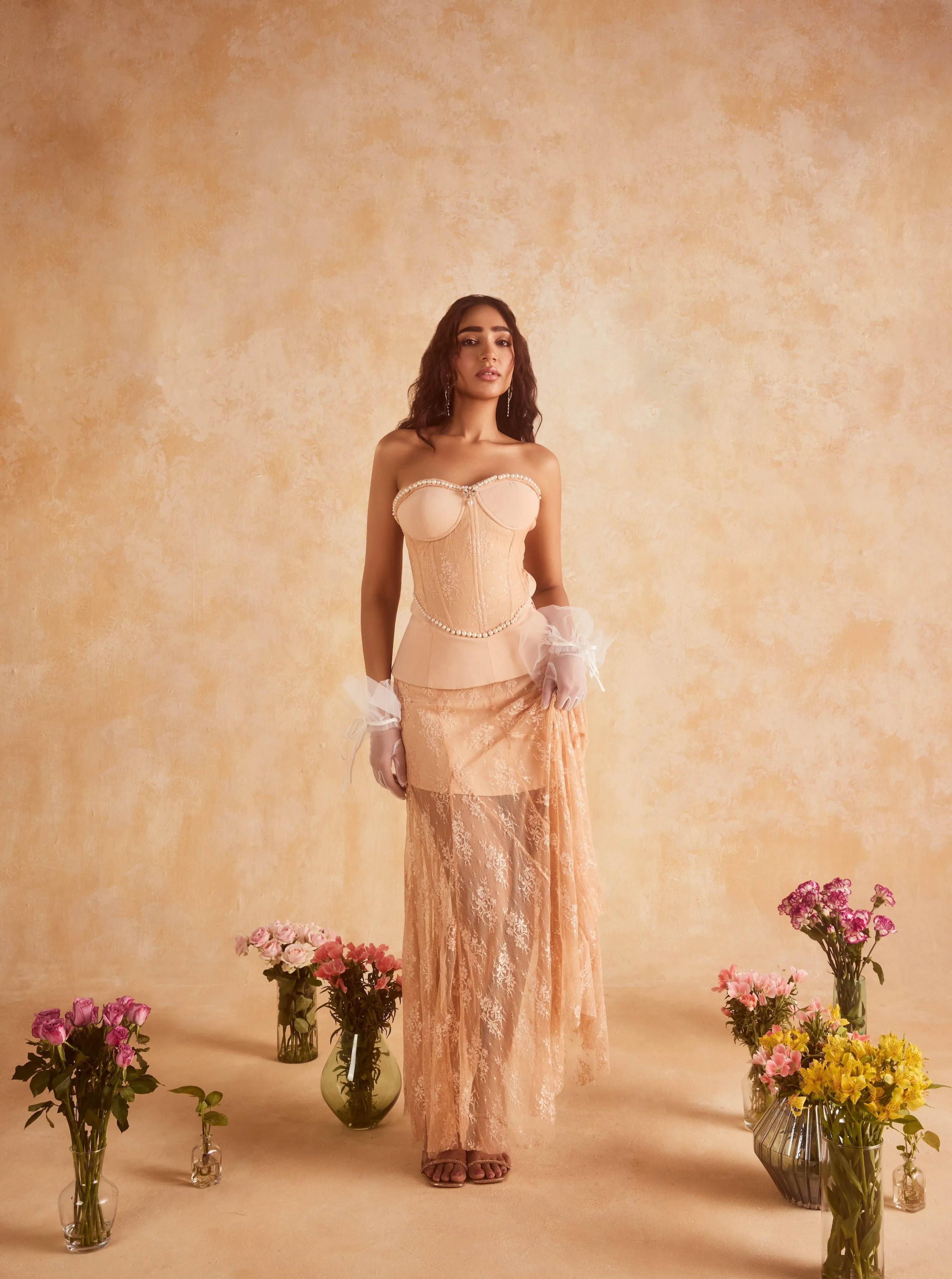 Flavia Beige Tube Corset & Mesh Maxi Skirt