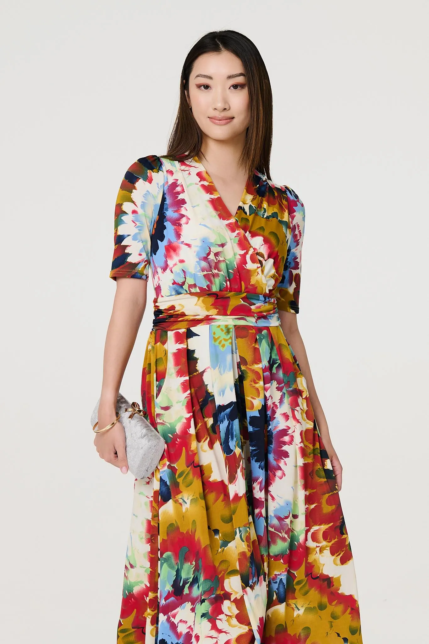 Floral 1/2 Sleeve Midi Faux Wrap Dress