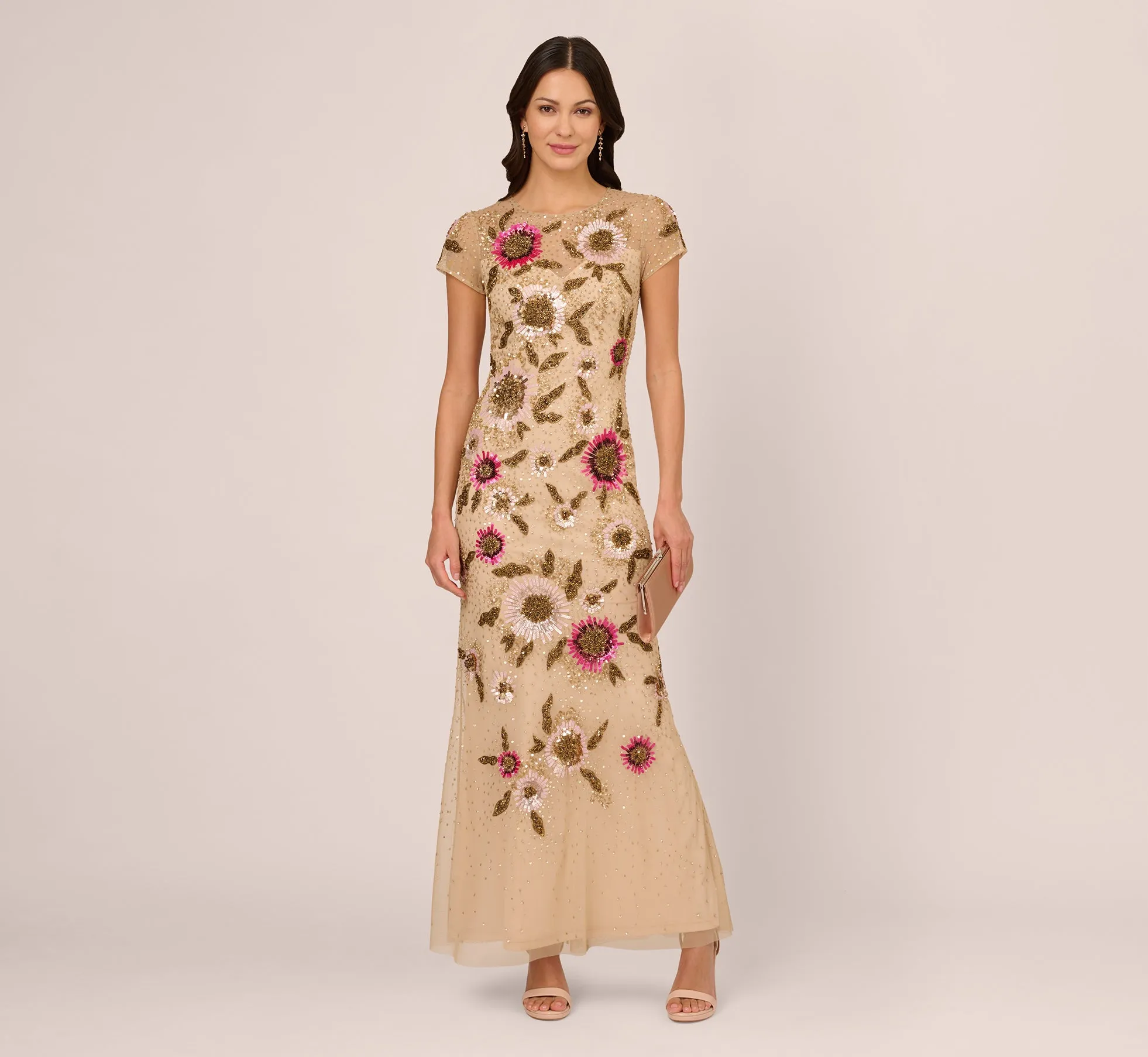 Floral Beaded Mermaid Gown With Illusion Neck And Short Sleeves In Nude Multi