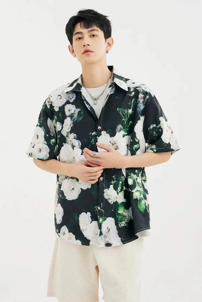 Floral Contrast Print Short Sleeve Button-Up Shirt